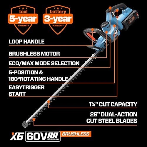 Miniatura 8 de SENIX X6 60V Max* Battery Powered 26" Cordless Hedge Trimmer with Brushless Motor, Double-Sided Dual Action Blades, 1-1/4" Cutting Capacity, 3.0 Ah