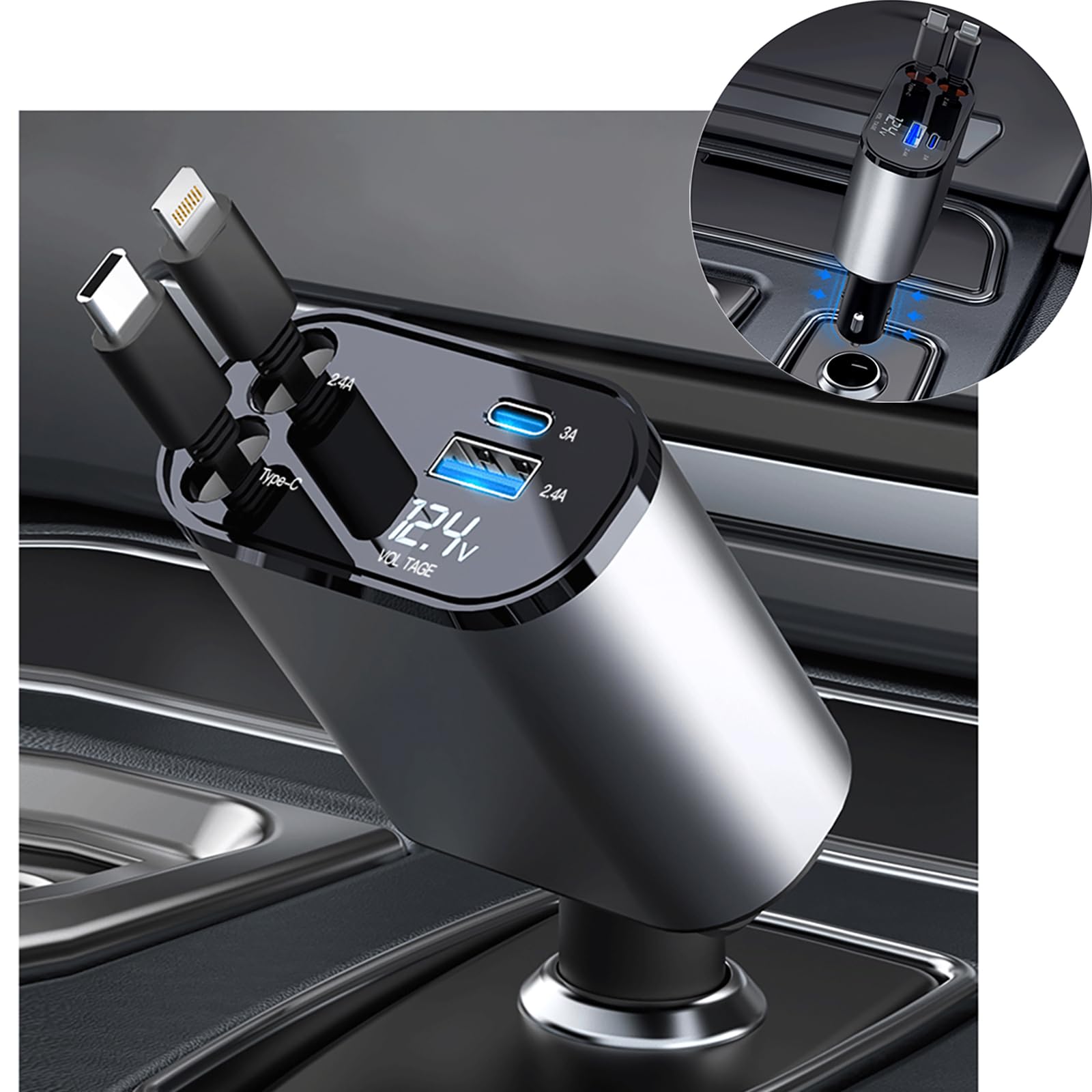 Quntee Retractable Car Charger for iPhone 15 Pro Max, Car Cigarette Lighter 66W Fast USB C Phone Charger, 4 in 1 Retractable Type C Car Charger for iPhone/MacBook Pro/Air,Huawei