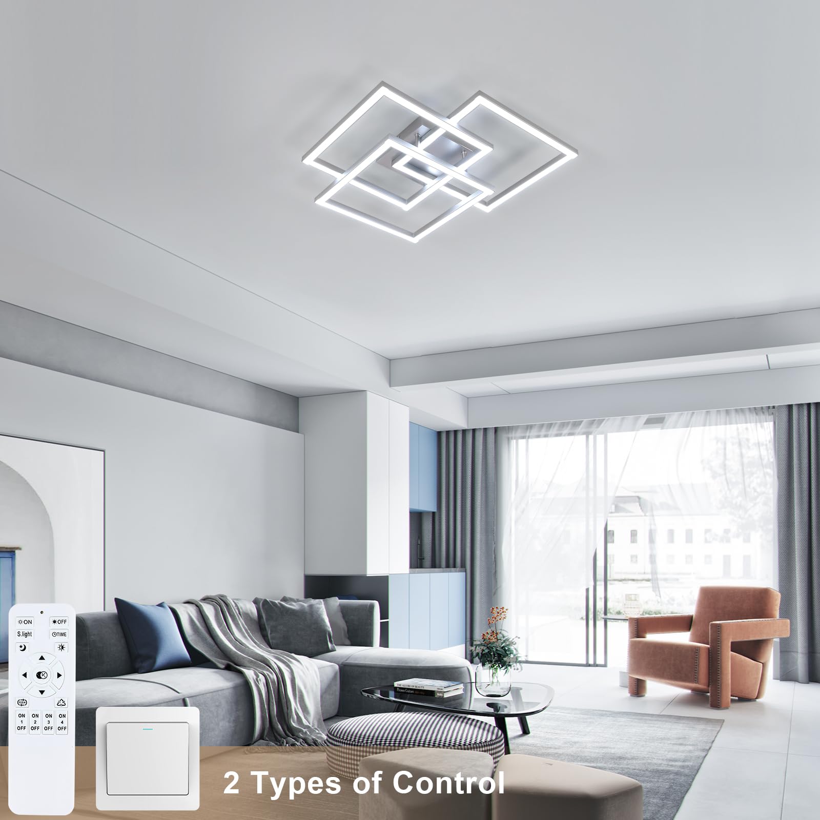 Lampadario LED Soffitto Dimmerabile, Plafoniera LED Soffitto con Telecomando 40W 5400LM, Moderno Lampada da ED Argenteo Quadrata 3000K-6500K per Soggiorno Camera da Letto Cucina, 62CM