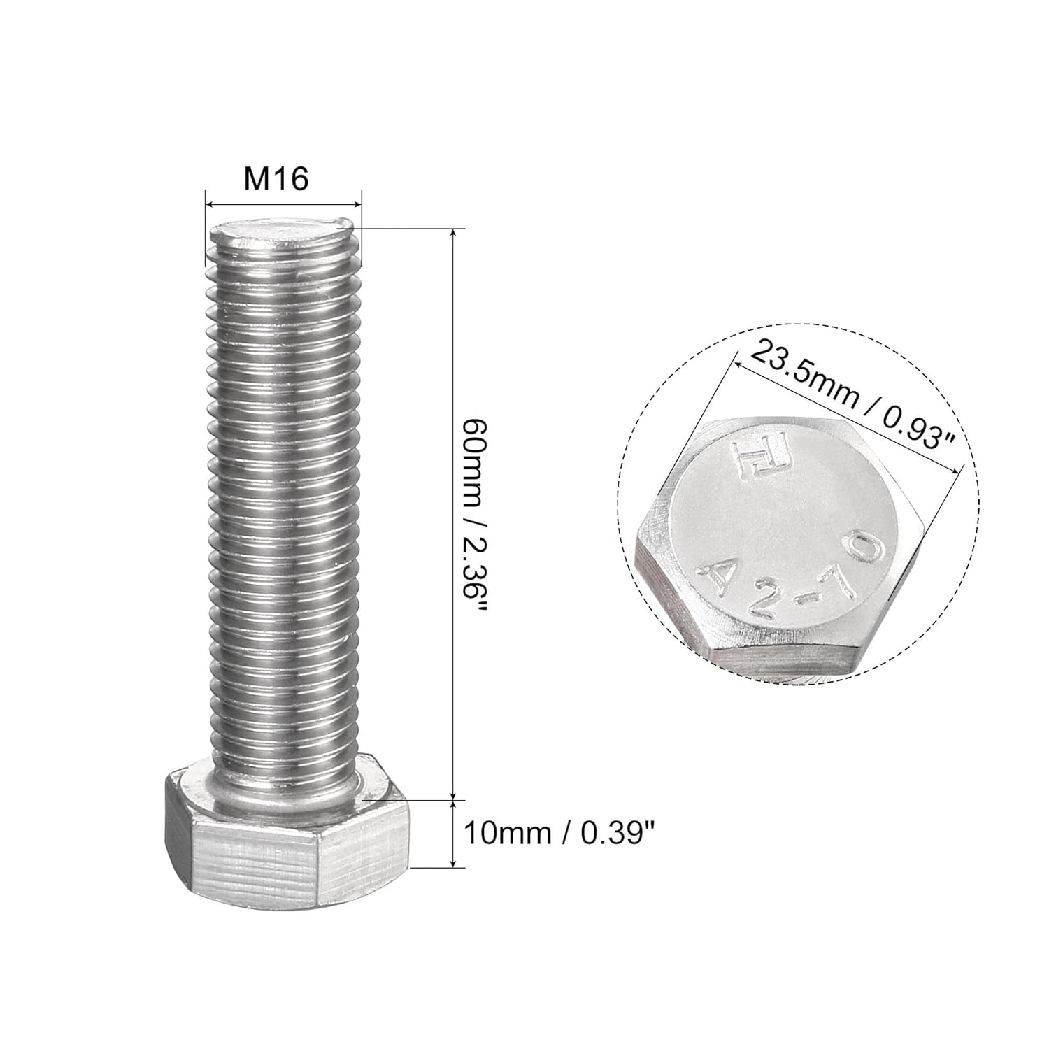 uxcell M16 Hex Bolt M16-2 x 60mm 304 Stainless Steel 4.8 Grade Fully Threaded Hexagonal Head Screw Bolts 4pcs