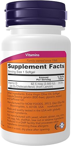Miniatura 2 de Now Supplements, Vitamina D3 2500 UI, salud ósea e inmunológica*, sin OMG, 180 cápsulas blandas
