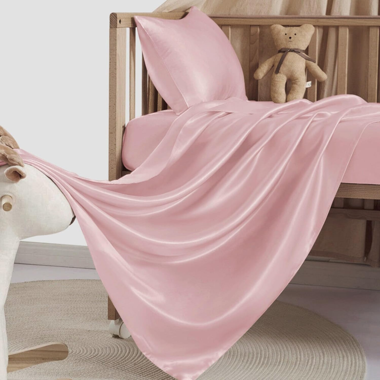 Organic Silk Crib Sheets for Baby - 22 Momme Mulberry Silk, Hypoallergenic, Fitted Crib Sheet Set for Baby Girl & Boy, Oeko-Tex Certified, Soft on Baby Hair, Natural Silk (Not Satin) (Pink)