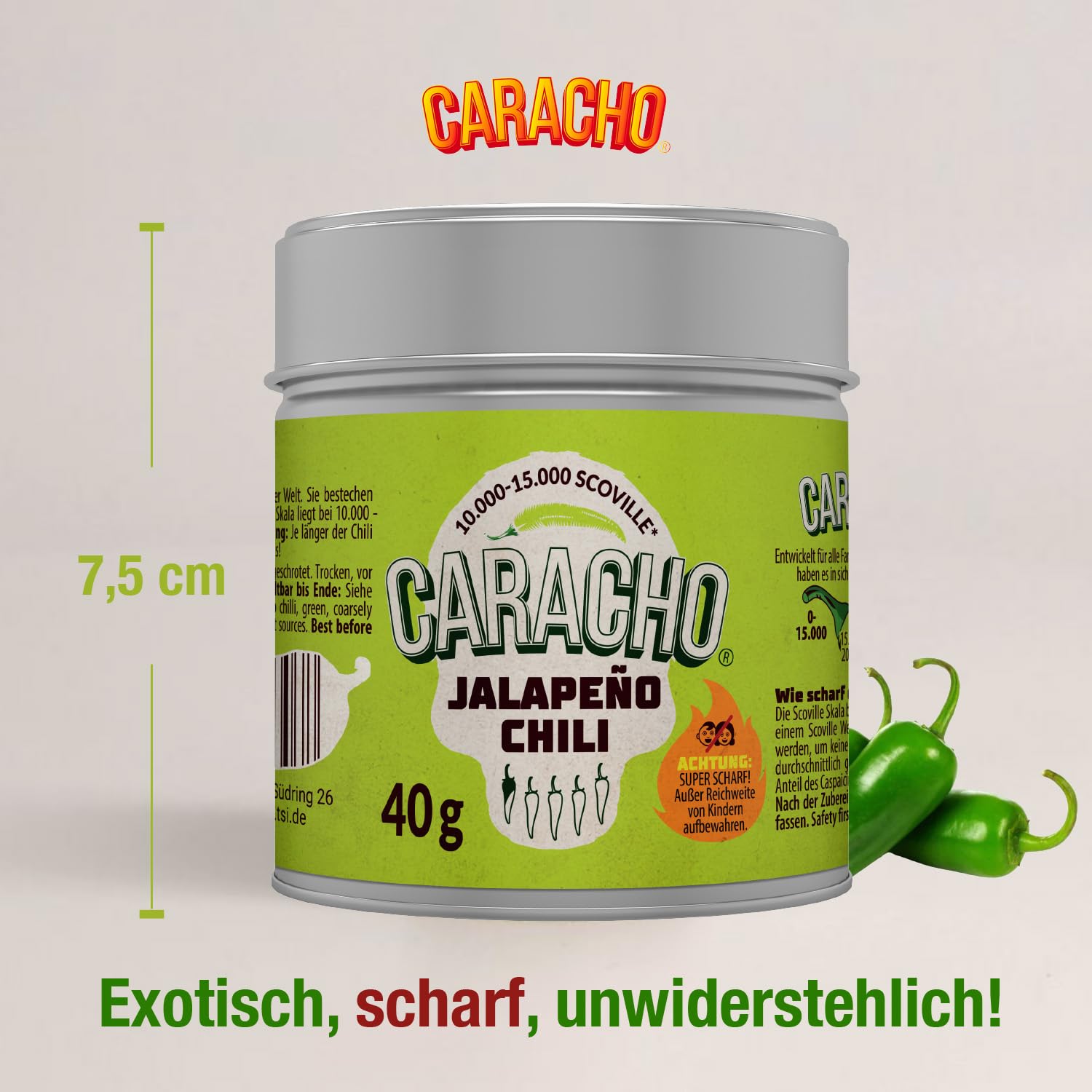 CARACHO 40 g Chile verde jalapeño chatarrado/molido - Premium 100% picante chile en lata de especias de metal/Scoville: 15.000