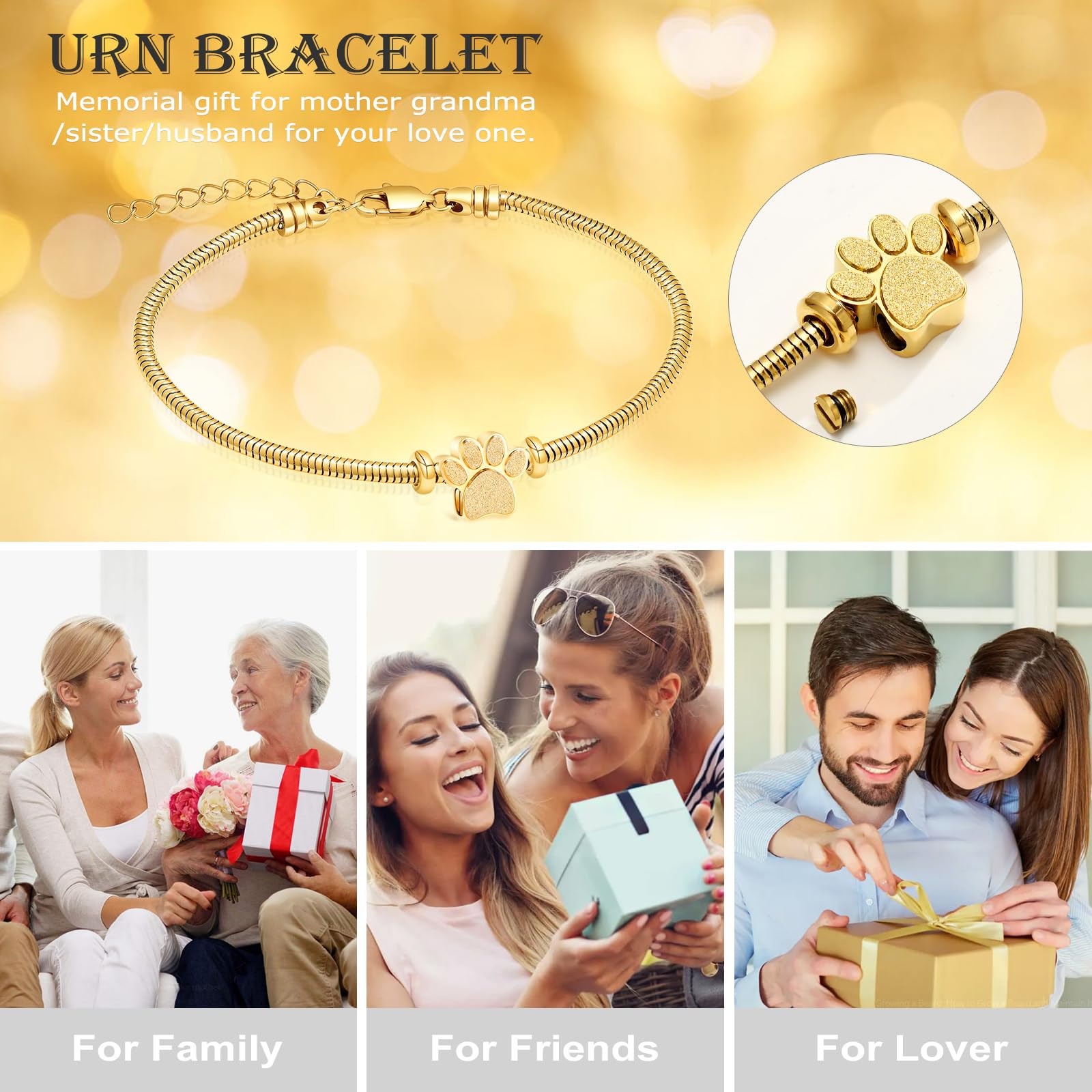QGJNSGC Urn Bracelet for Ashes for Women Men Dog Cat Paw Print Pet Cremation Jewellery Adjustable Memorial Keepsake Snake Link Bracelet (Gold) - Image 3