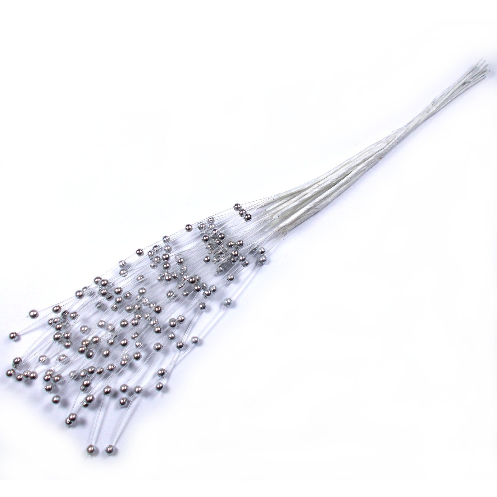 Pearl Bead Spray 12 Plastic Wire Stems 18cm (Silver)