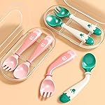 Deejoy Toddler Utensils with Travel Safe Case, Silicone Baby Spoons and Fork Set for Self Feeding, Toddlers Feeding Training Spoon, Easy Grip Heat-Resistant, Bendable Function (2 Sets, Green&Pink)