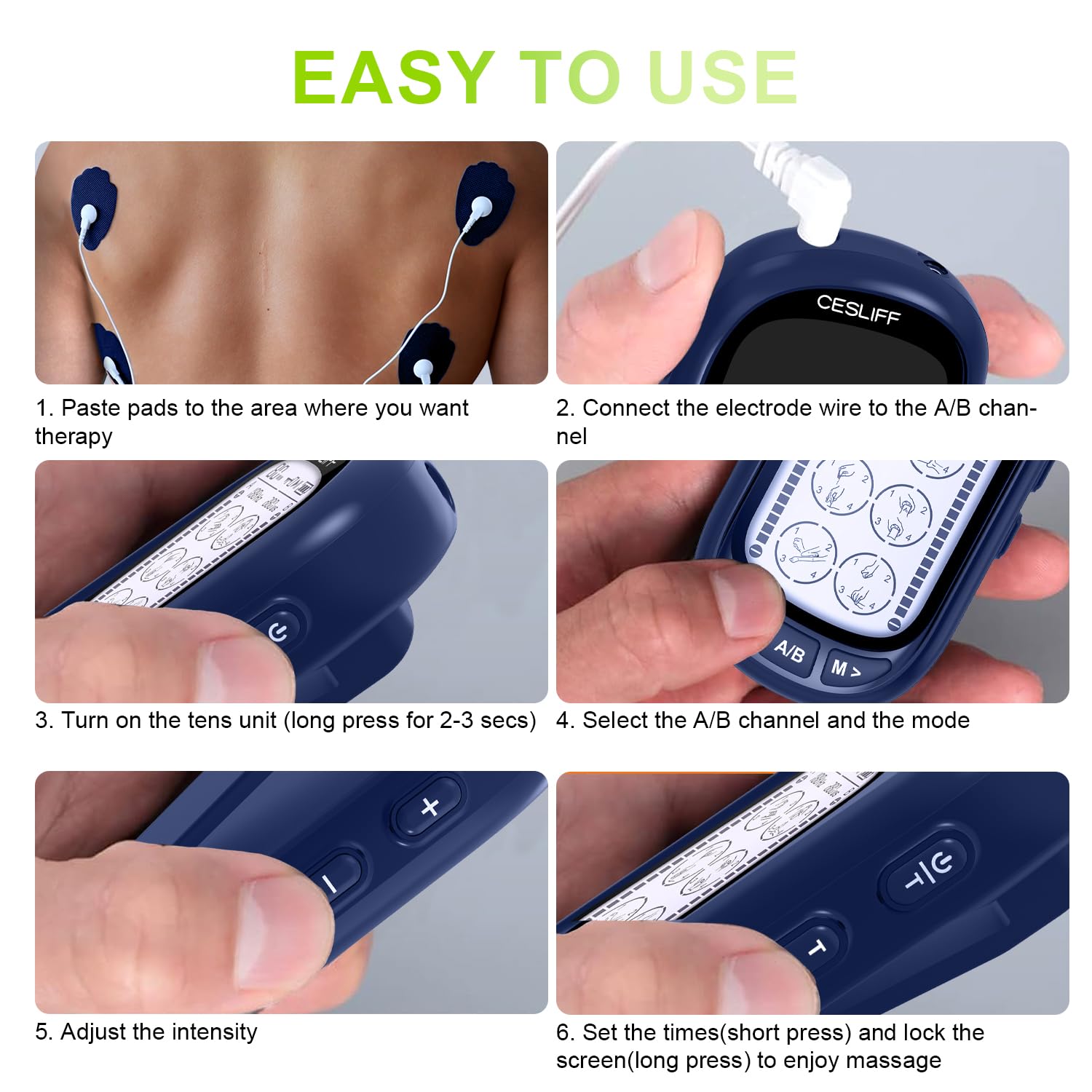 CESLIFF Dual Channel TENS EMS Unit Large Screen 24 Modes 36 Levels Intensity Muscle Stimulator, Rechargeable Electric Pulse Massager TENS Machine for Lower Back Neck Shoulder Pain Relief with 10 Pads — Amazon image 8