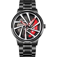 Mens Car Watch Creative Hollow Design Waterproof Wheel Rotating Quartz Analog Stainless Steel Strap Suitable for Men and Car Enthusiasts