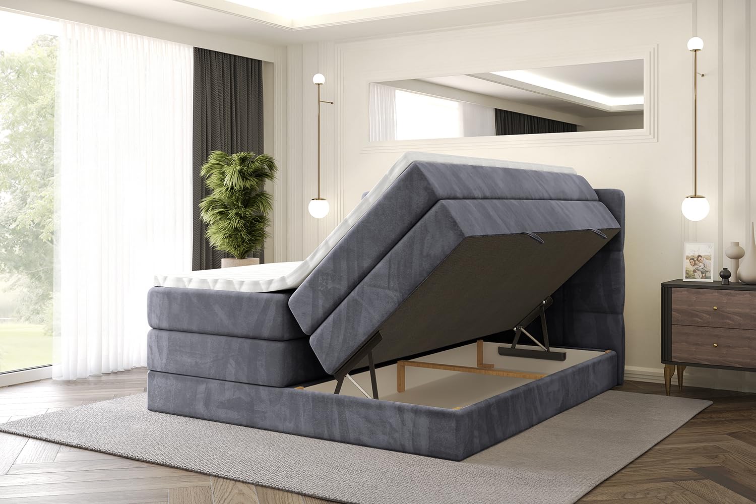 ALTDECOR Boxbett mit H3 H4 Matratze LIRO King - 180x200 - Dunkelgrau
