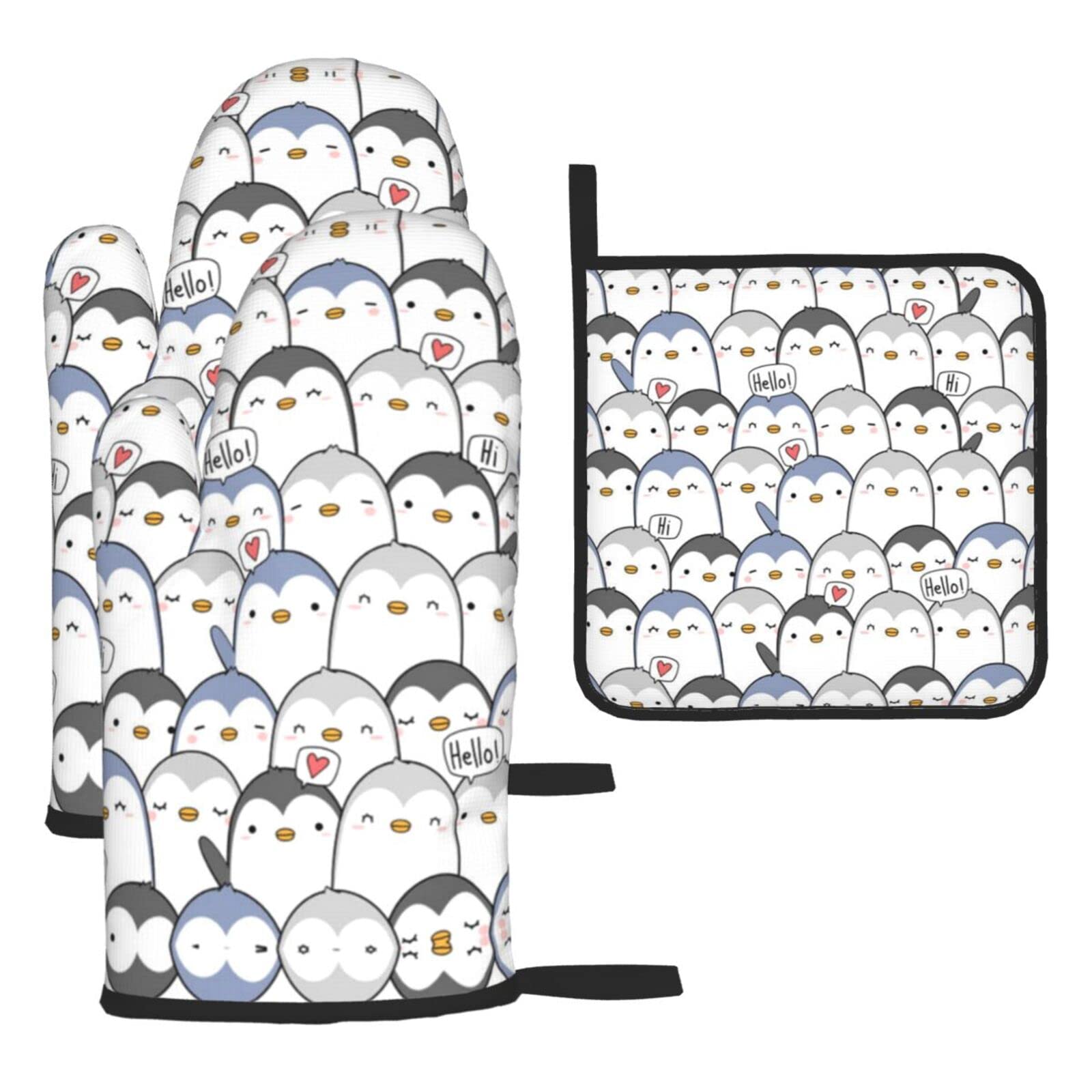 Cute Penguin Oven Mitts and Pot Holder Kitchen Set for Grilling, Cooking, Baking, Heat Resistant
