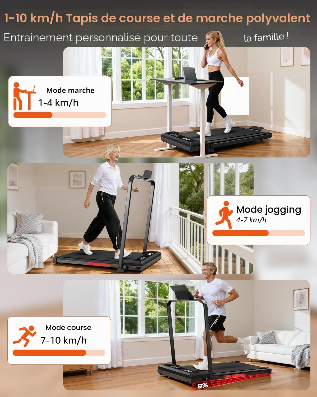 Tapis de Course 4 en 1 Pliable avec Pente 9% – Tapis de Marche Électrique 10 km/h, Moteur 3,0 CV, Système d’Amorti Avancé, Écran LCD, Cadre Renforcé, 140 kg Max – pour Maison & Bureau