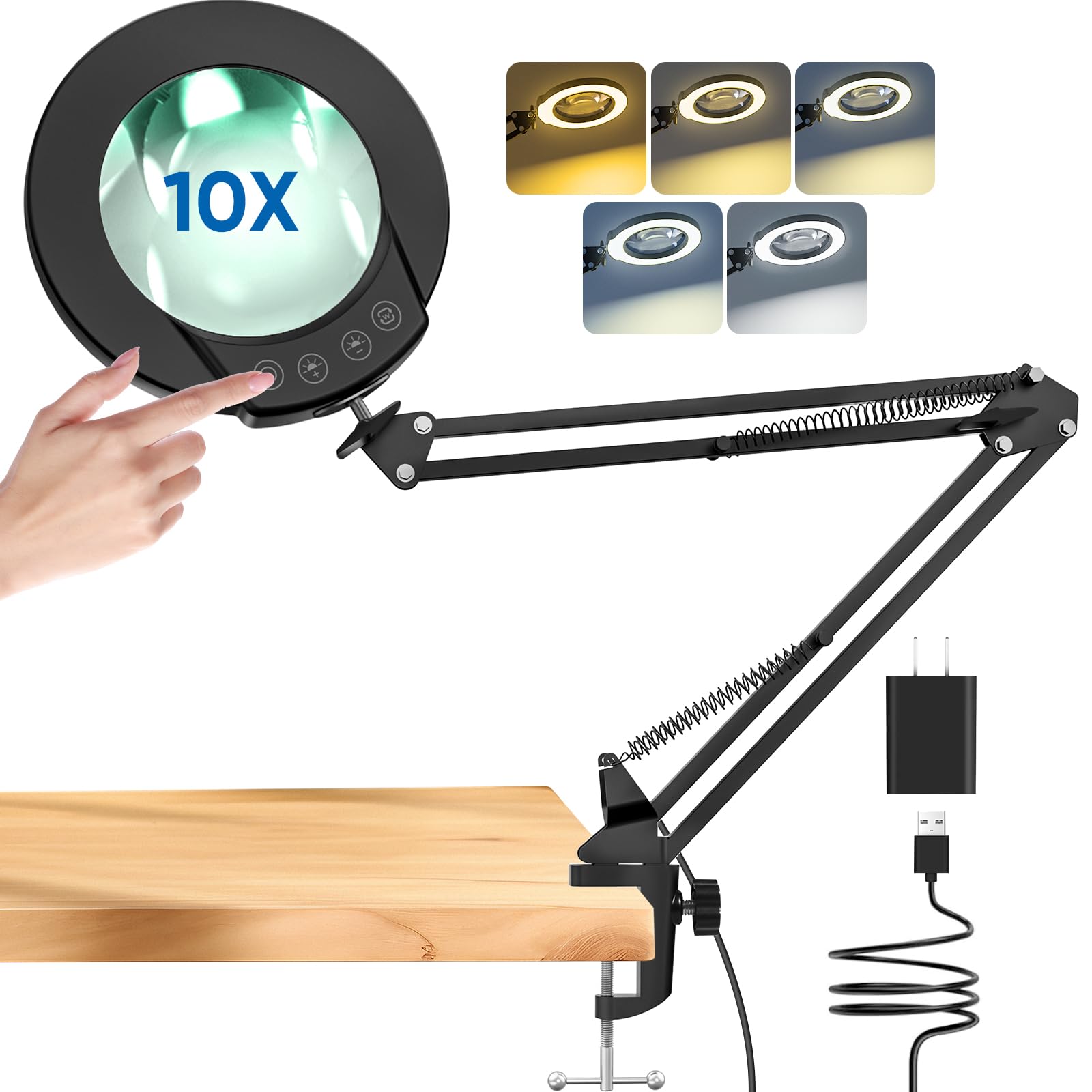Mandland 10X Magnifying Glass with Light and Clamp, Real Glass Lighted Magnifier with 5 Color Modes & Stepless Dimmable, Hands Free Desk lamp for Hobbies, Crafts, Reading and Close Work (Black) - BLACK