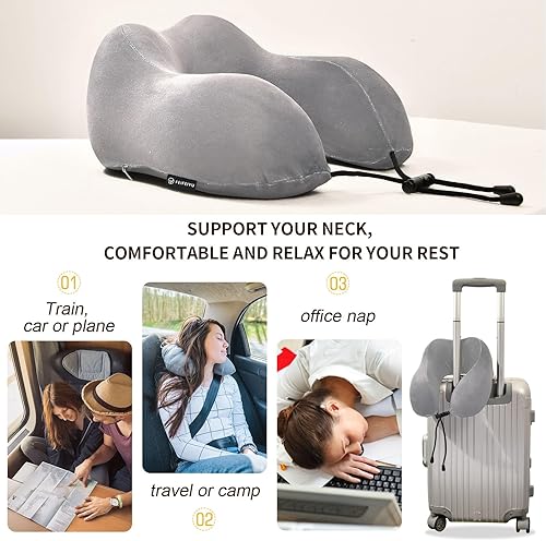 Miniatura 3 de Almohada en forma de U de espuma de memoria gris, con bolsa de almacenamiento con cordón, almohada para el cuello, viaje en avión