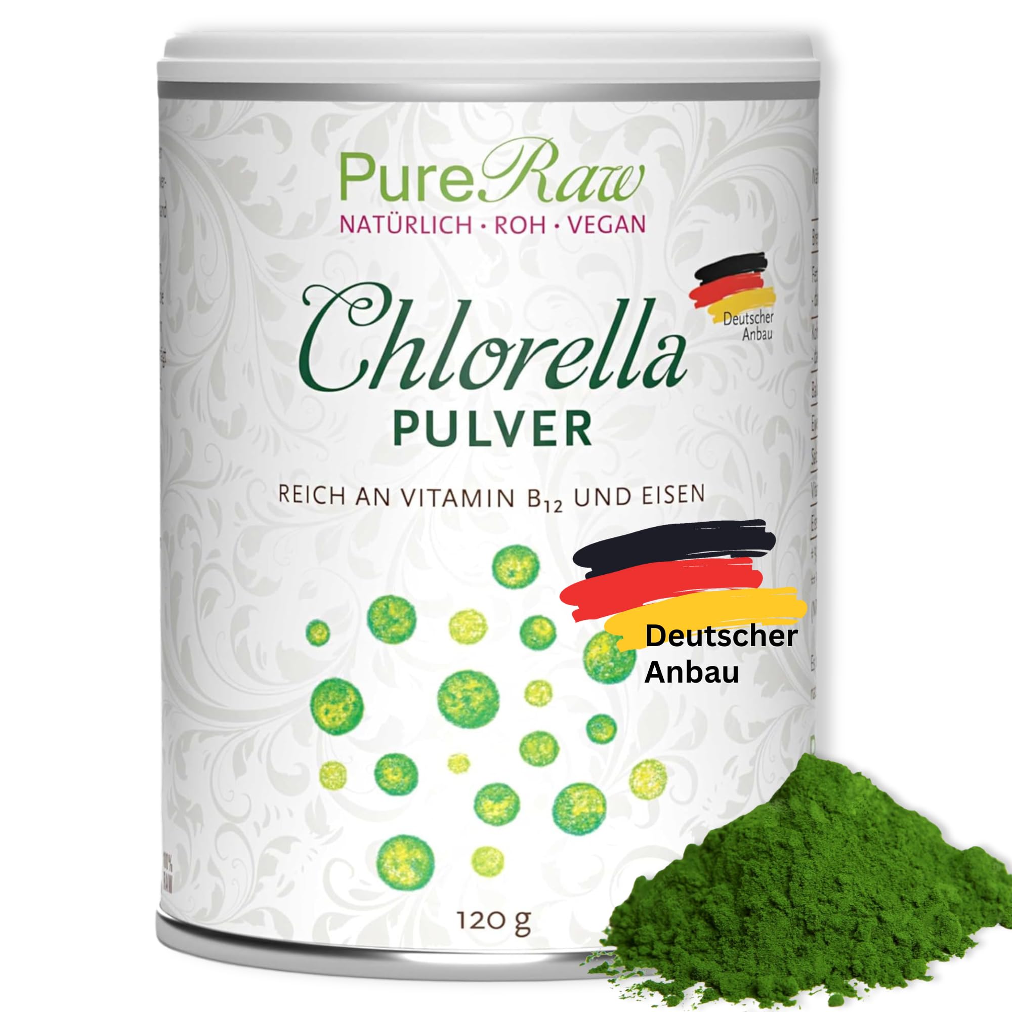 Chlorella Pulver 120g aus Deutschland - Regional, Rein & Kontrolliert (Roh Vegan) Algen reich an Vitamin B12 Eisen Spermidin Chlorophyll - Grüne Mikroalge Chlorella Vulgaris