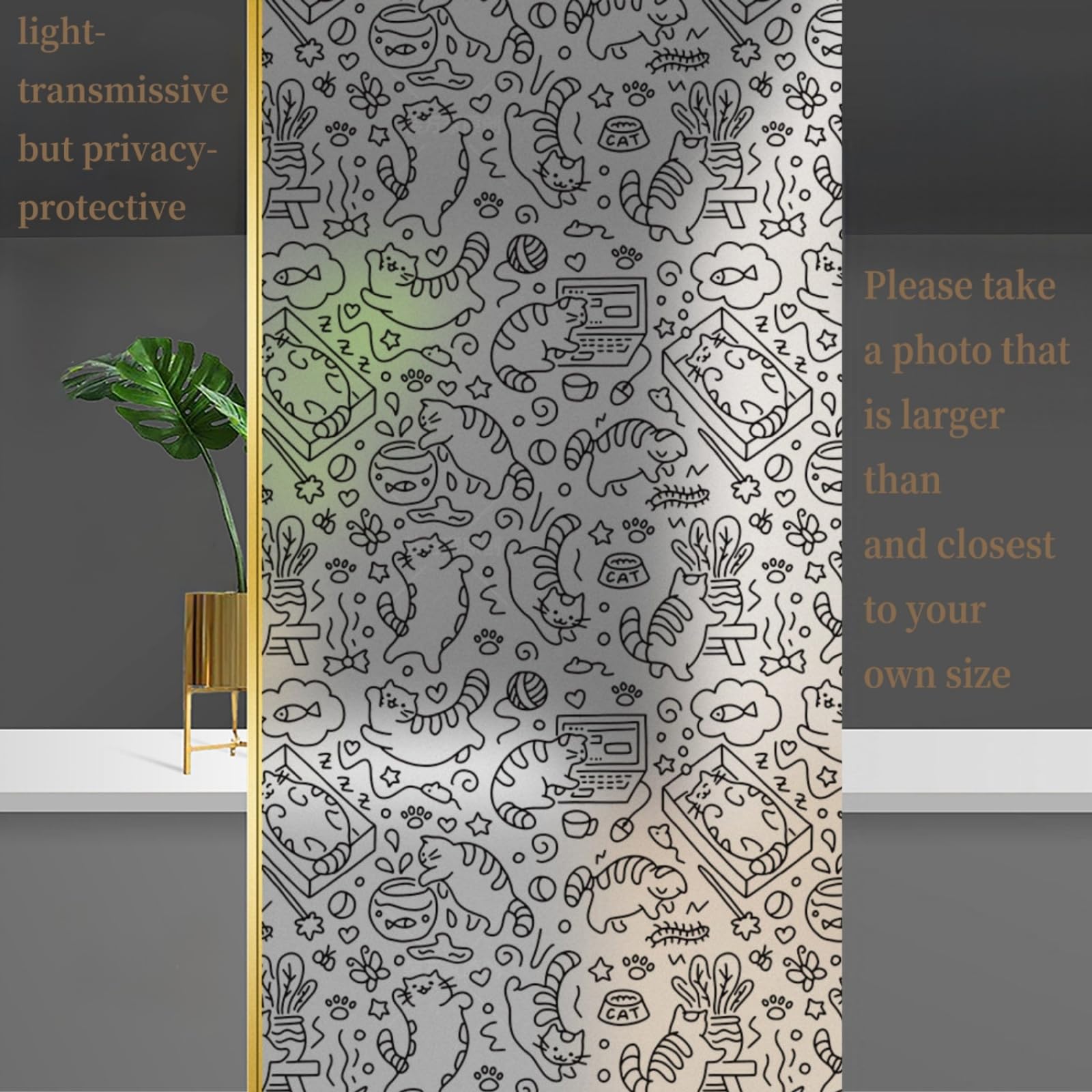 Fensterfolie Blickdicht 90x200CM Tierkatze Statisch Selbsthaftend Dekorative Folie, Abnehmbare Glasfolien Anti-UV, für Badezimmer küche