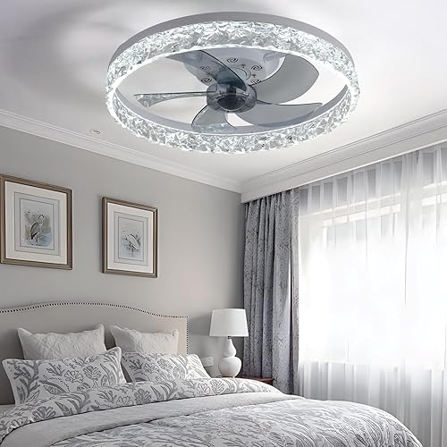Miniatura 8 de FRIXCHUR Ventilador de araña de cristal de 19.7 pulgadas, moderno ventilador de techo de montaje empotrado con luces, ventiladores de techo de bajo