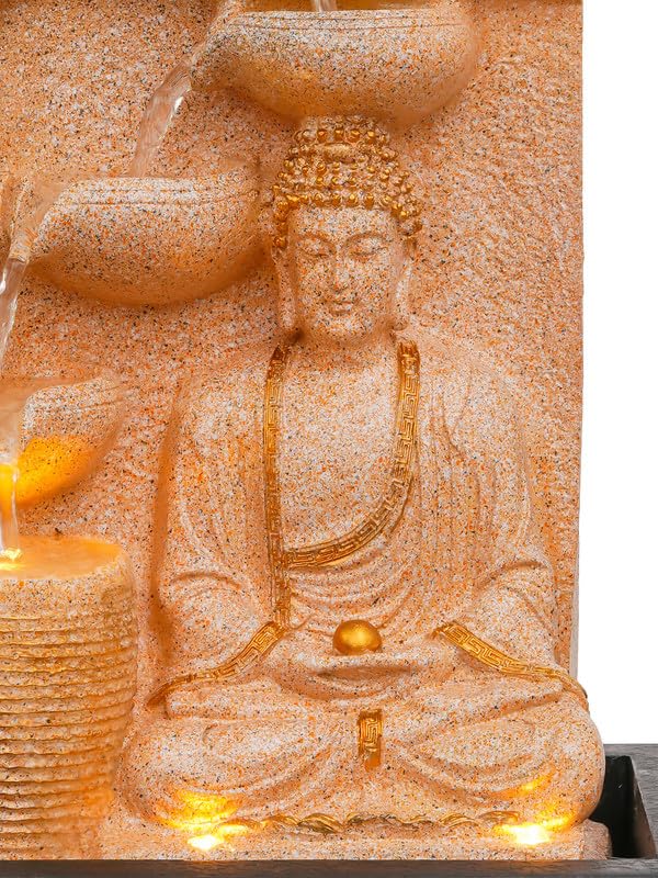 Image of Polyresin Sand Meditating Buddha Tabletop Indoor 4 Diya Steps Water Fountain for Home Decor with Yellow LED Light & Speed Controller Pump (Size: 40 x 29.5 x 22CM | Wt: 2685grm)