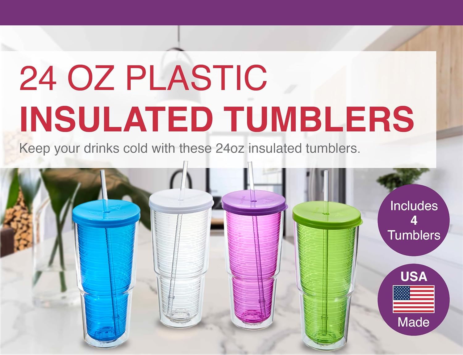 Arrow Home Products 24 oz Plastic Double Wall Tumbler w/Straw & Lid, 4 Pack - Made in USA, BPA Free - Iced Coffee Tumbler Cups - Cupholder Friendly, Dishwasher Safe - Clear, Blue, Purple, Green - Image 2