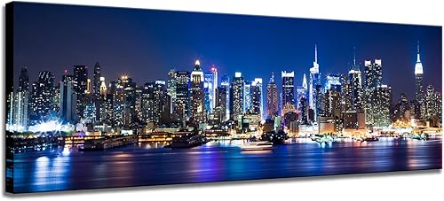 Biuteawal Arte de pared de Nueva York, decoración de sala de estar, hermoso perfil de ciudad de Manhattan, luz nocturna, póster impreso en lienzo,