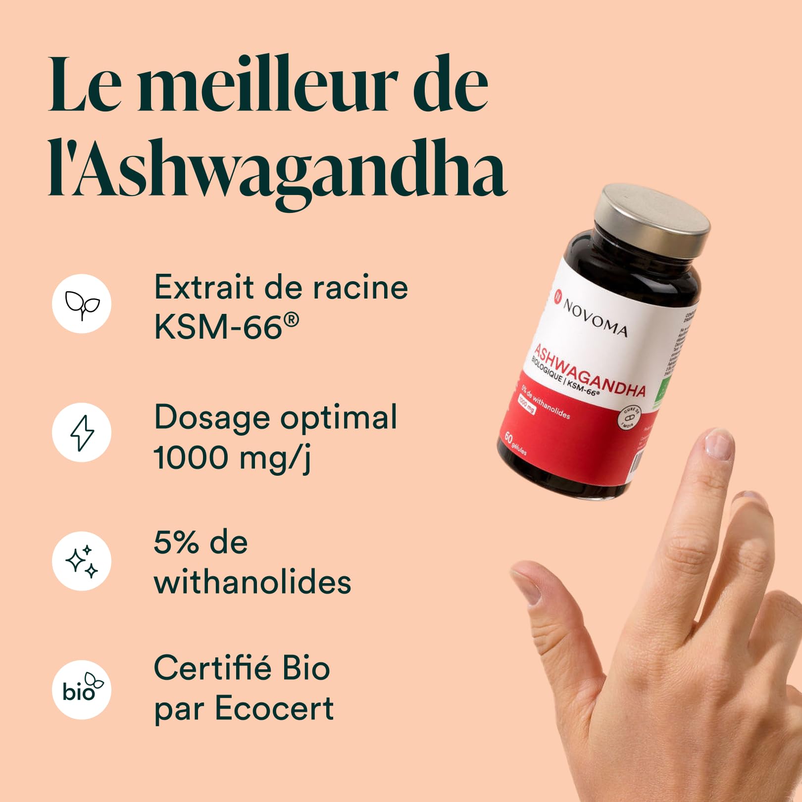 NOVOMA Ashwagandha KSM-66® 1000 mg, Anti-stress & Sommeil, 5% de Withanolides, 60 Gélules Vegan, Fabriqué en France