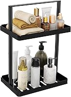 STWWO 2-Tier Black Metal Bathroom Counter Organizer with Handle - Standing Shower Caddy Corner Shelf for Vanity & Kitchen