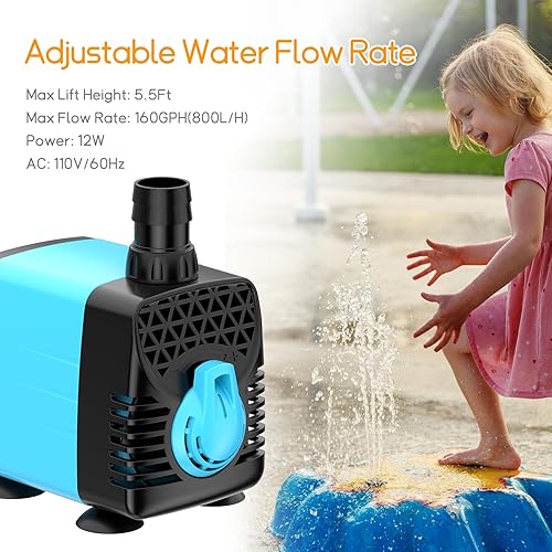 Miniatura 3 de POPOSOAP Bomba de agua sumergible de 160 GPH, bomba de agua de acuario de elevación de 5.5 pies, 12 W CA 110 V, bomba de fuente ultra silenciosa