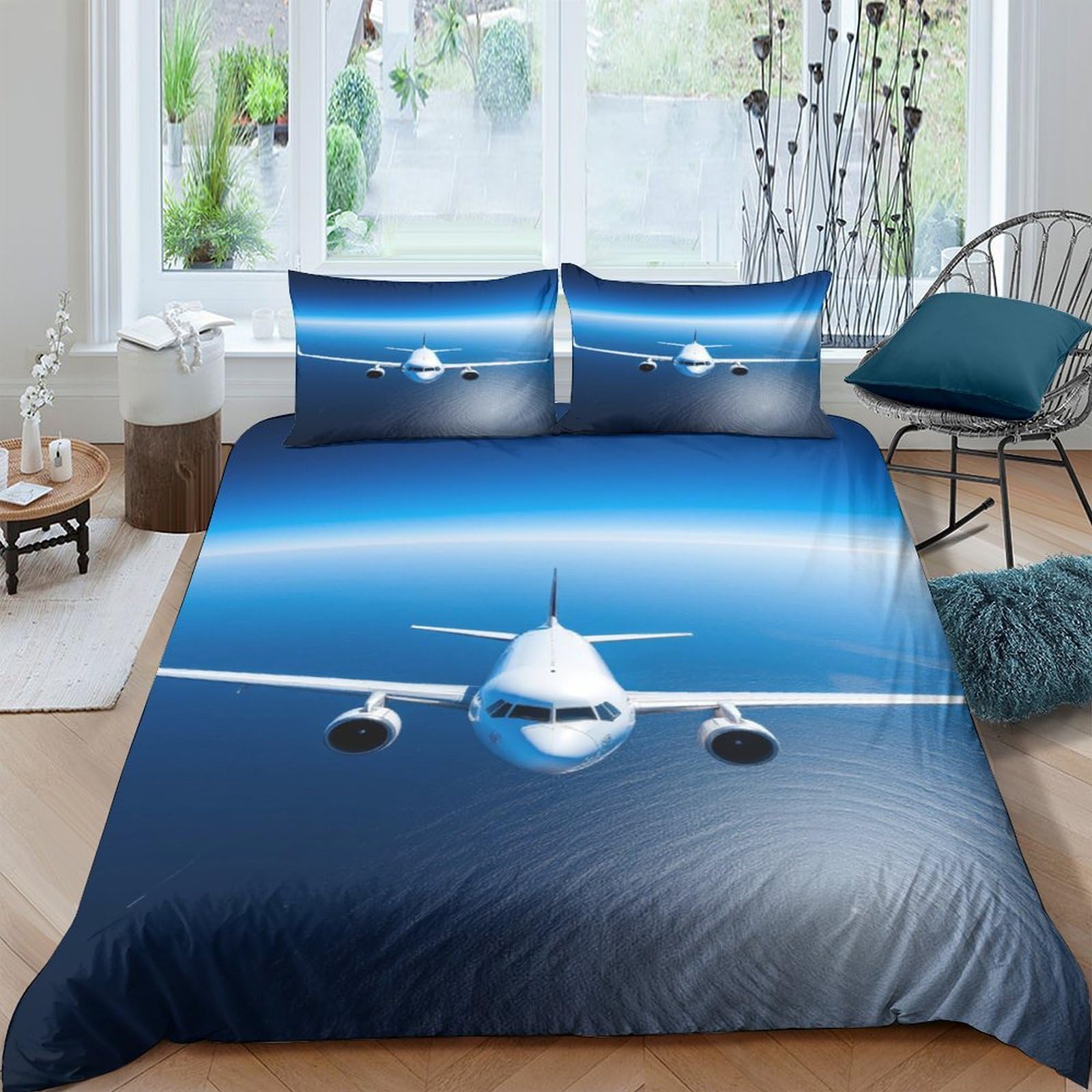 Ctjqhvkz Style-9 3D Printed Blue Airplane Fitted Sheet Microfiber Modern Aircraft Bed Cover For Bedroom Guest Room Mattress Protection Single（135X200cm）