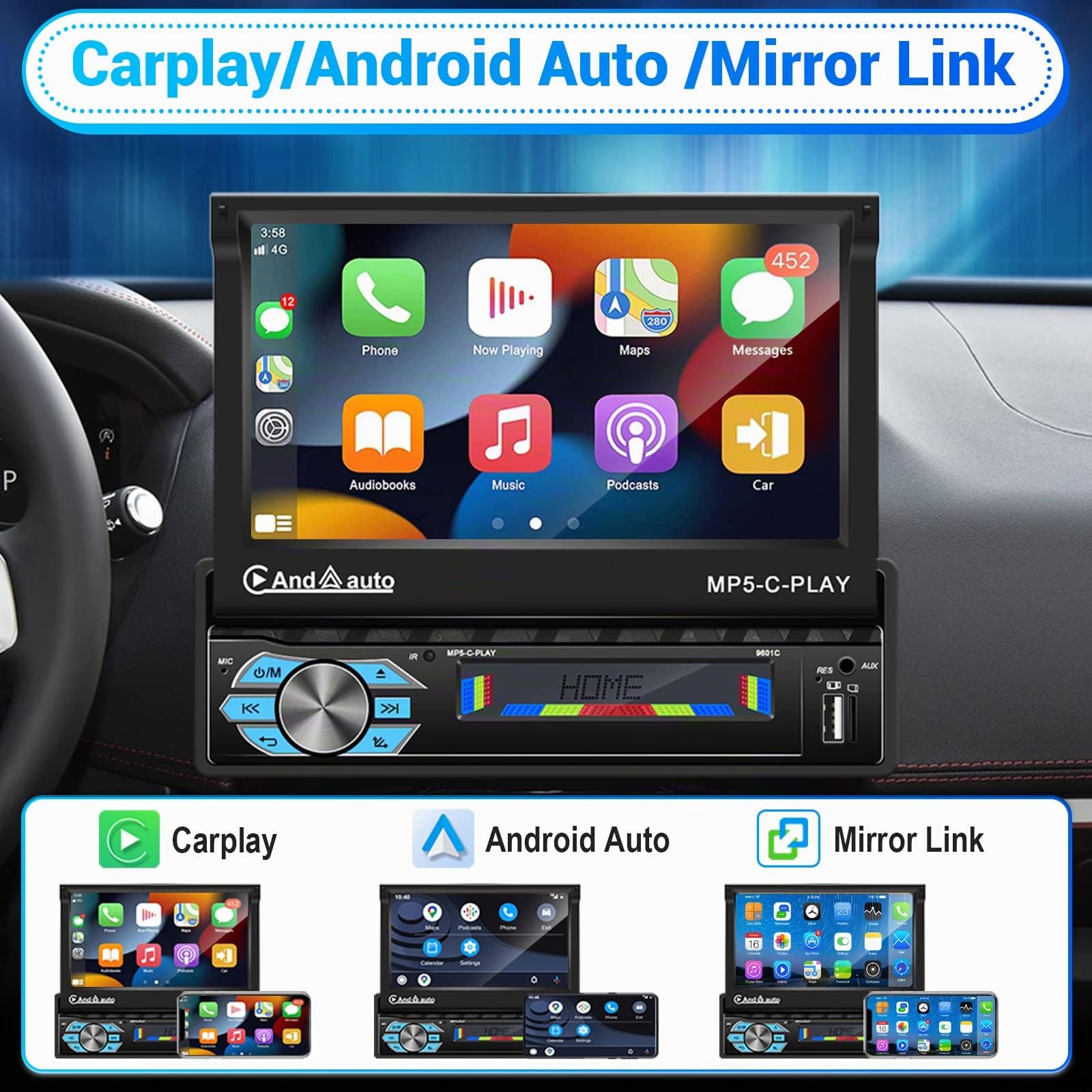 Hikity Radio Coche 1 Din Carplay con Pantalla Táctil Extensible Automática de 7pulgadas Radio de Coche Autoradio con Bluetooth Manos Libres Mirror Link Android Auto USB FM AUX Cámara de Visión Trasera