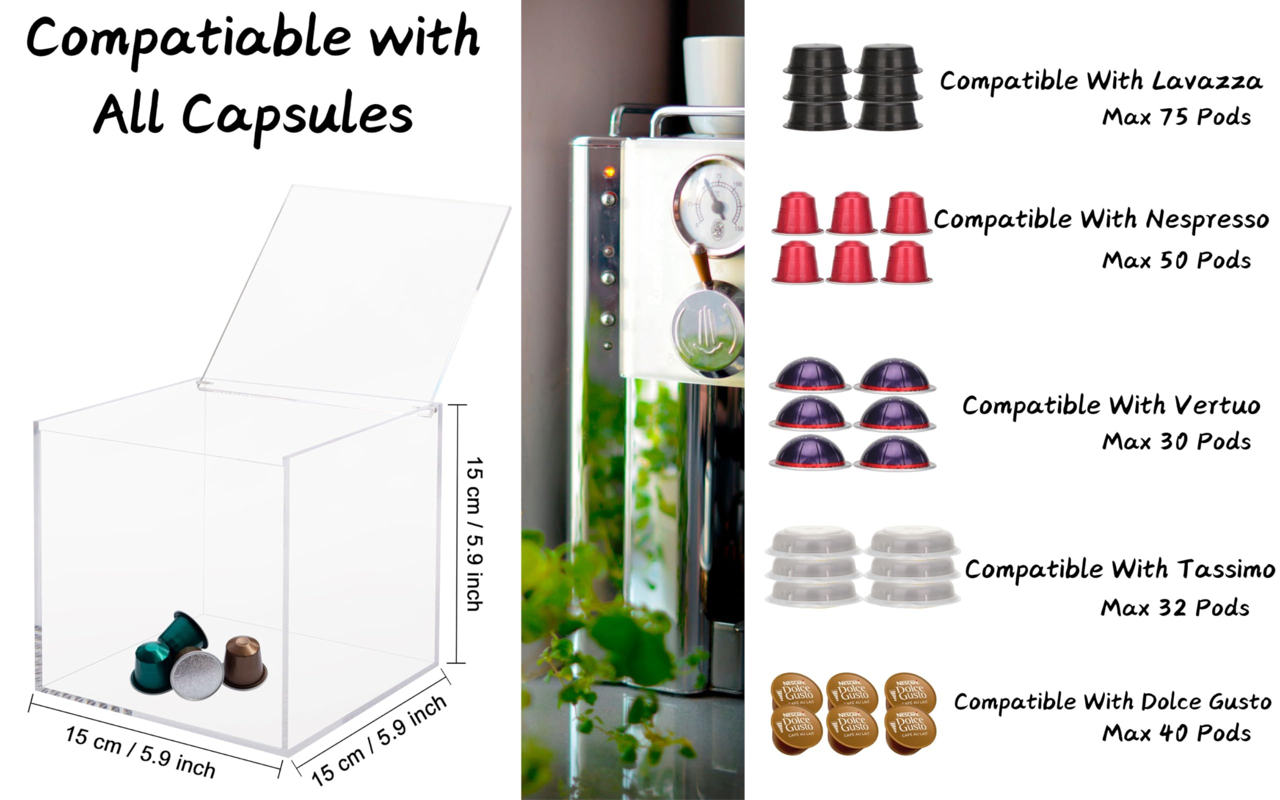 Exzact Cubo para cápsulas de café de acrílico de 15 cm, organizador de cápsulas de café, soporte transparente para cápsulas, almacenamiento multifunción