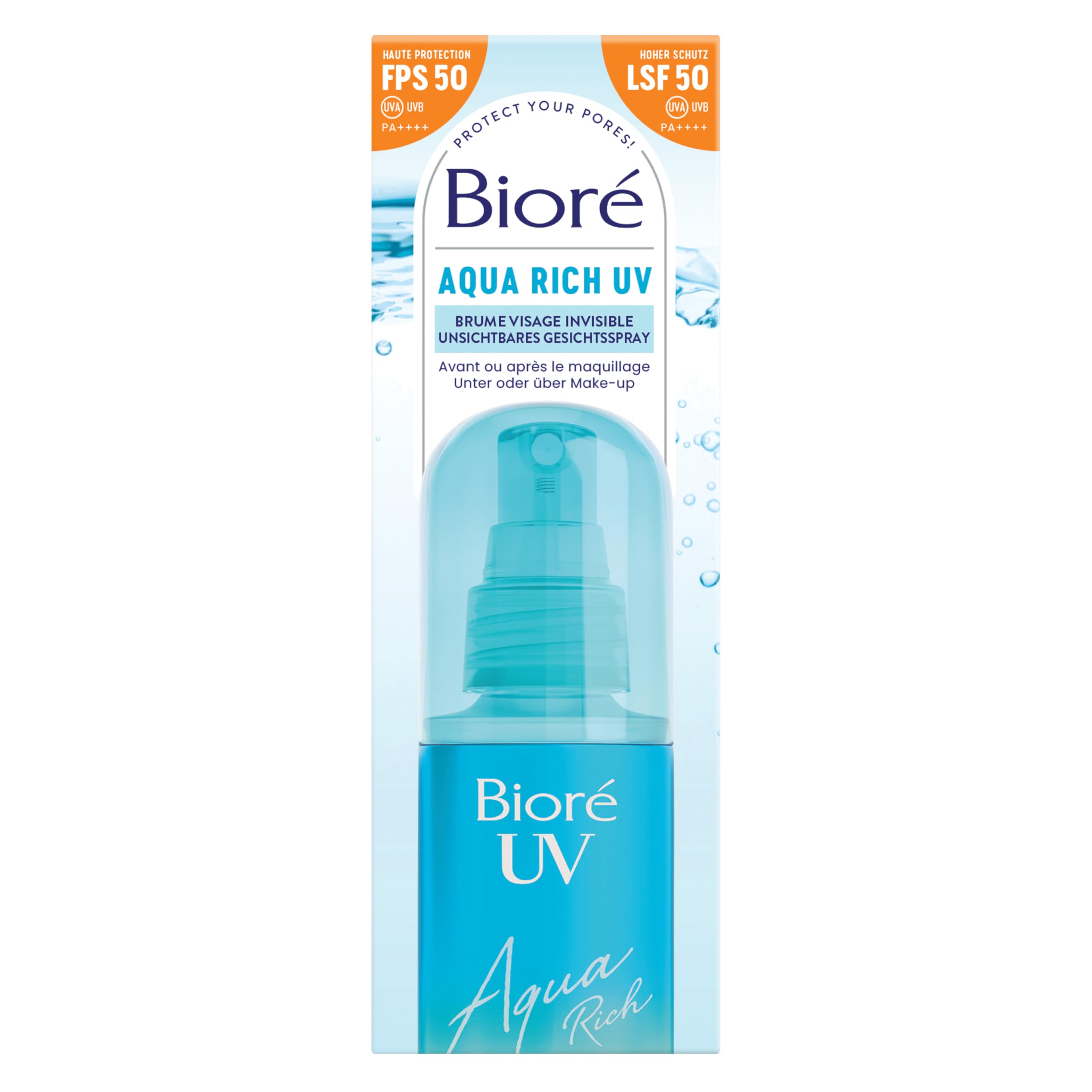 Bioré UV Aqua Rich LSF 50 Unsichtbares Gesichtsspray - Inhalt: 60 ml - Lichtschutzfaktor - UVA-/UVB-Schutz - Leichter, erfrischender Schutz