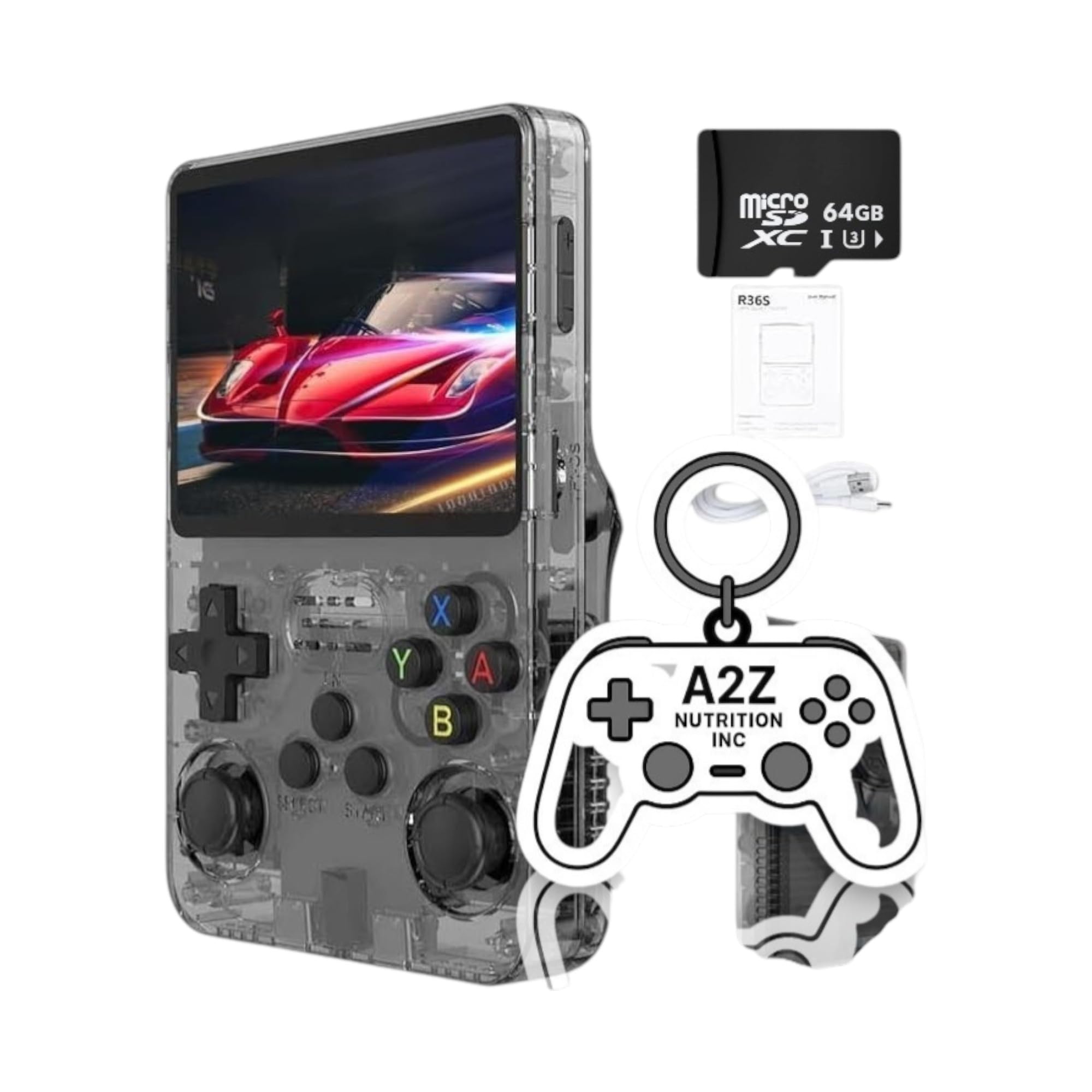R36S Retro Handheld Game Console  64GB, 15000+ Games, 3.5" IPS Screen, 1GB RAM | Portable Emulator for 864 Bit Classics (Black Transparent + Free Keychain)