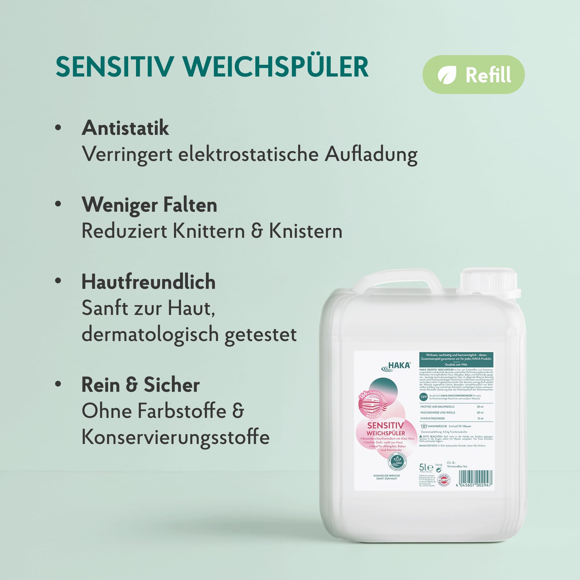 HAKA Sensitiv Weichspüler Nachfüller, 5L (166 Waschladungen), extra flauschige Wäsche, ideal für Allergiker, Babys & empfindliche Haut, vegan
