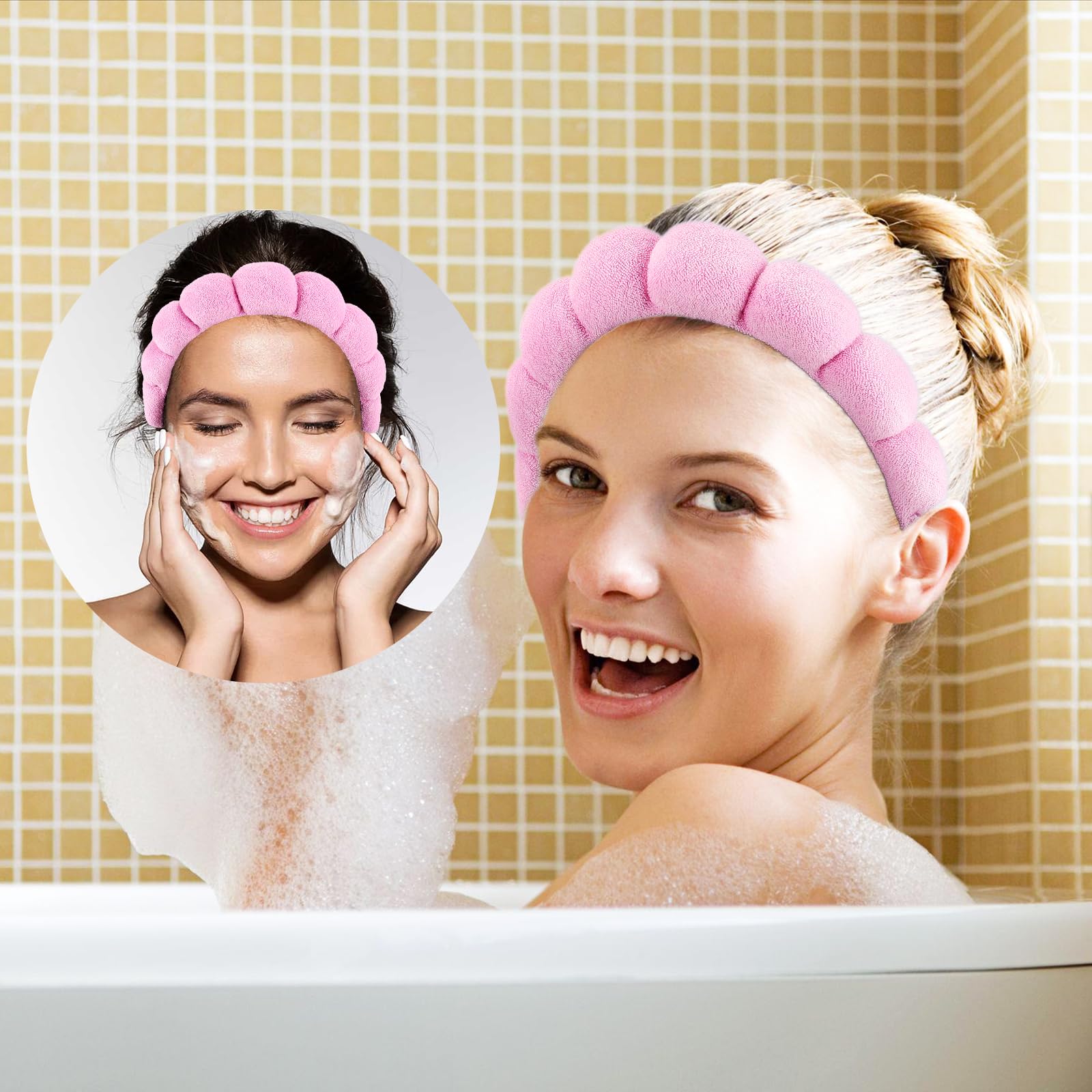 JYOUX 4PCS Fluffy Spa Headbands, Face Band with Wrist, Floral Hairpin for Skin Care Headband and Wristband+Pink - Image 3