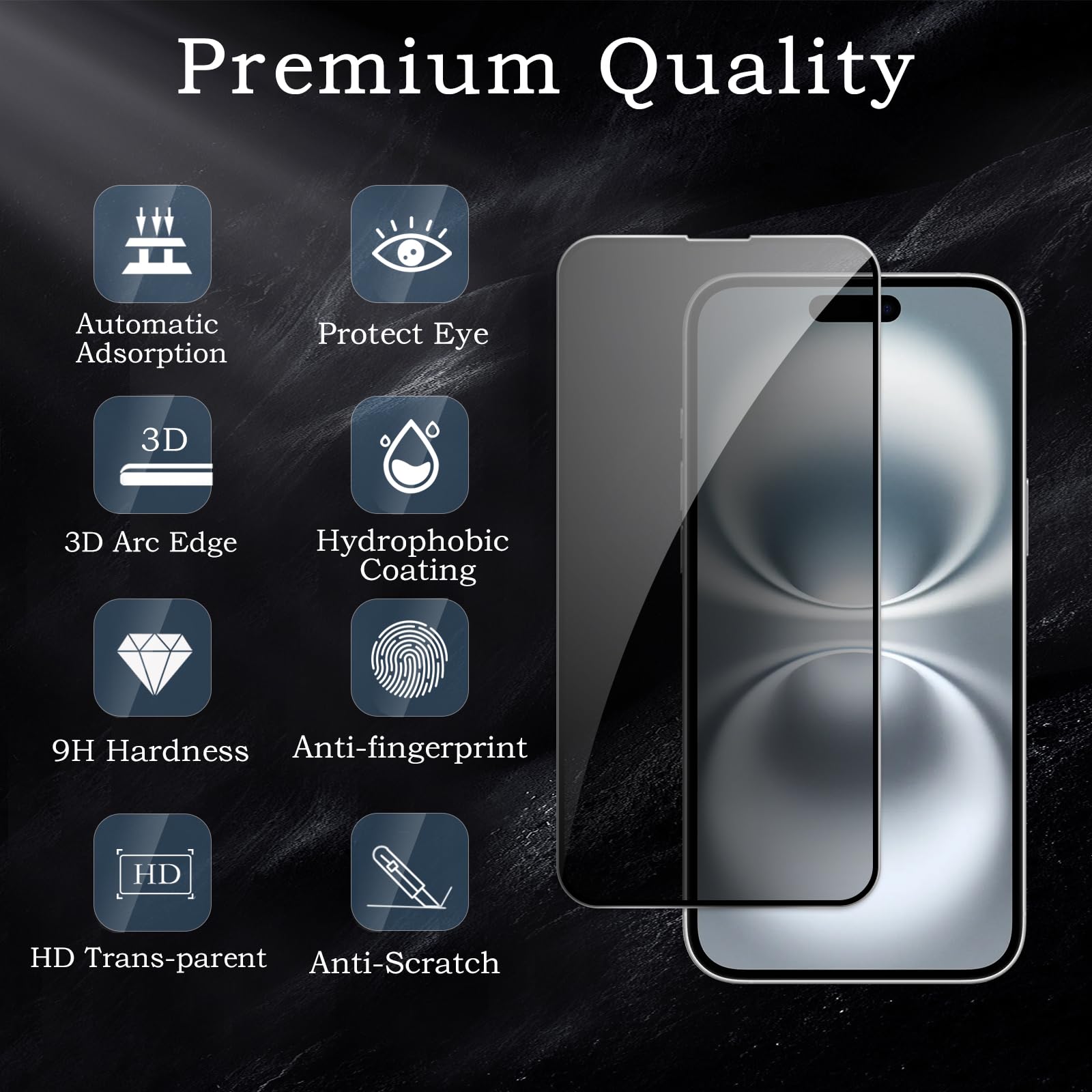 [Confezione da 2 + 2] Pellicola protettiva per la privacy per iPhone 16, in vetro temperato infrangibile con obiettivo della fotocamera, durezza 9H, senza bolle, antiriflesso, compatibile con