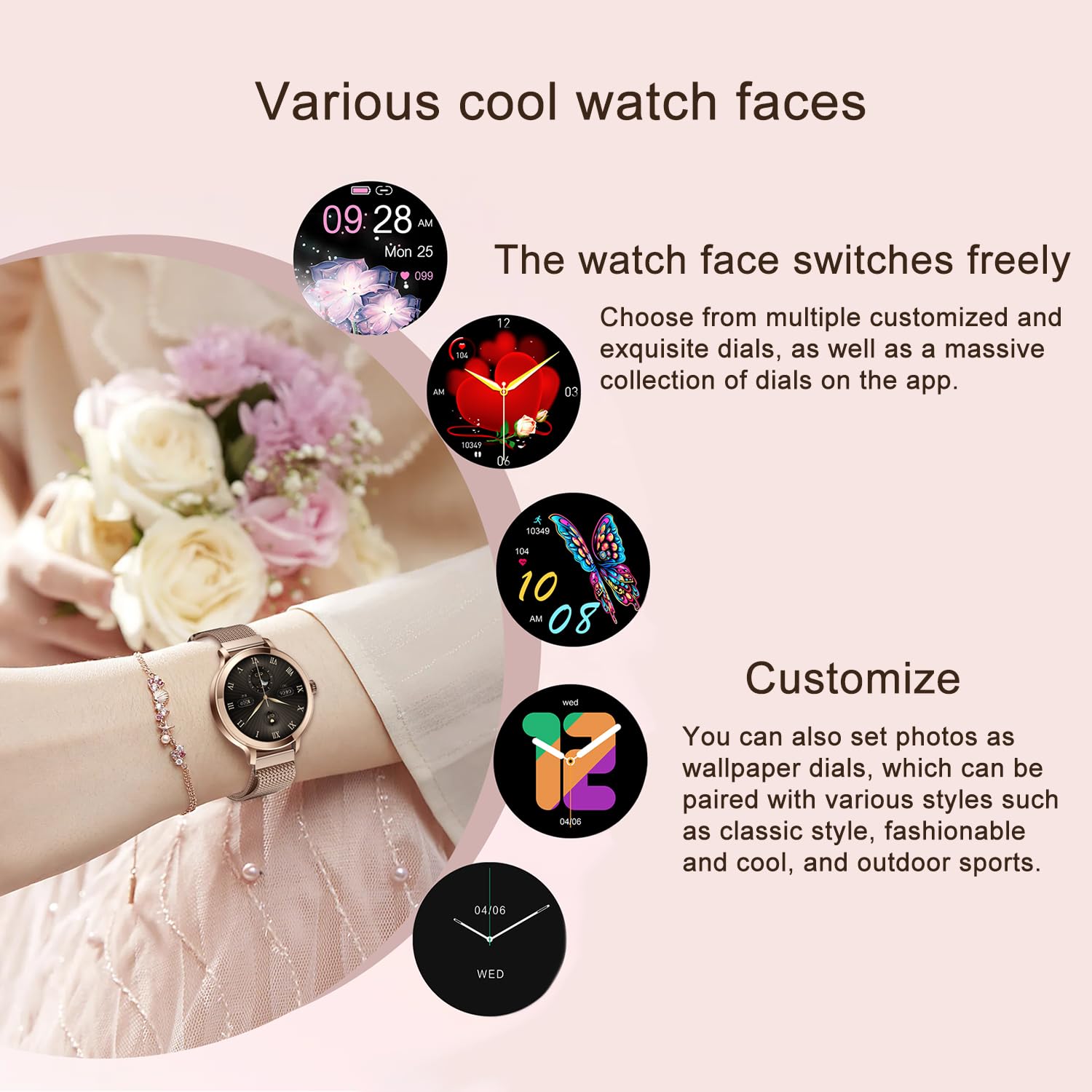 Smartwatch für Frauen mit Bluetooth-Anruf, Fitness-Tracker wasserdicht Herzfrequenz Blutdruck Blutsauerstoff (Gold)