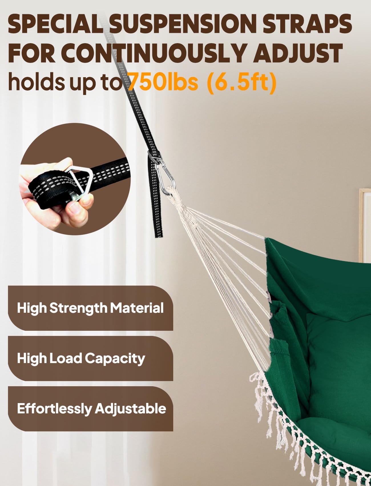 Chihee Columpio Colgante para Silla con Hamaca 2 Cojines,Correas de Malla Fuertes y Ganchos para Colgar fácilmente,algodón Suave Silla Colgante Bolsillo Lateral Juego de Silla borlas Comodidad