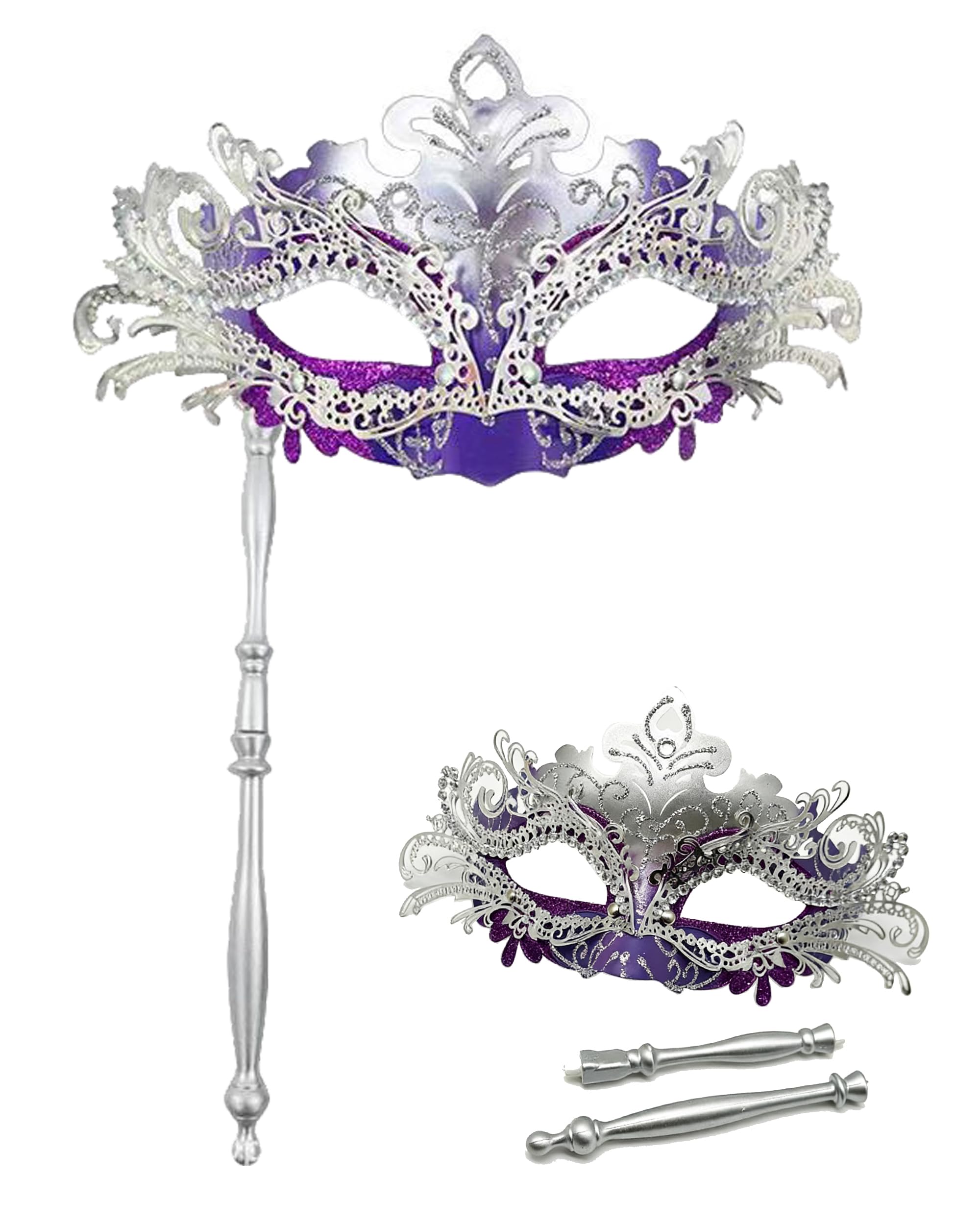 HeHeGe Masquerade Mask for Women with Stick Metal Shiny Rhinestone Venetian Mask Prom Mardi Gras Ball &Halloween Party (purple)