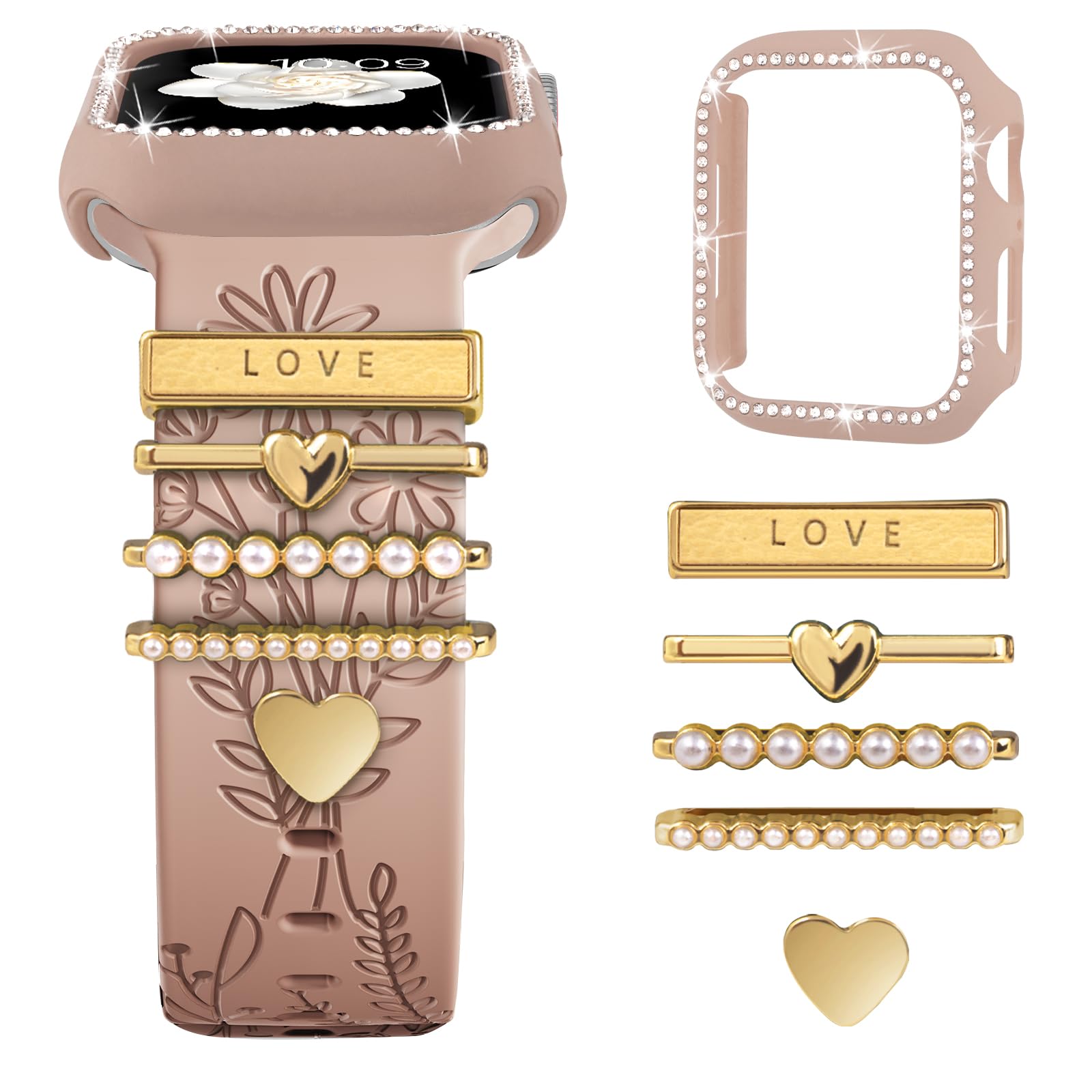 Photo 1 of Engraved Band + Charms + Case for Apple Watch Band 38mm 40mm 41mm 42mm 44mm 45mm Women, Soft Silicone Flower Sport Straps with Protective Glitter Bumper for iWatch Series 9 8 7 6 5 4 3 2 1 SE