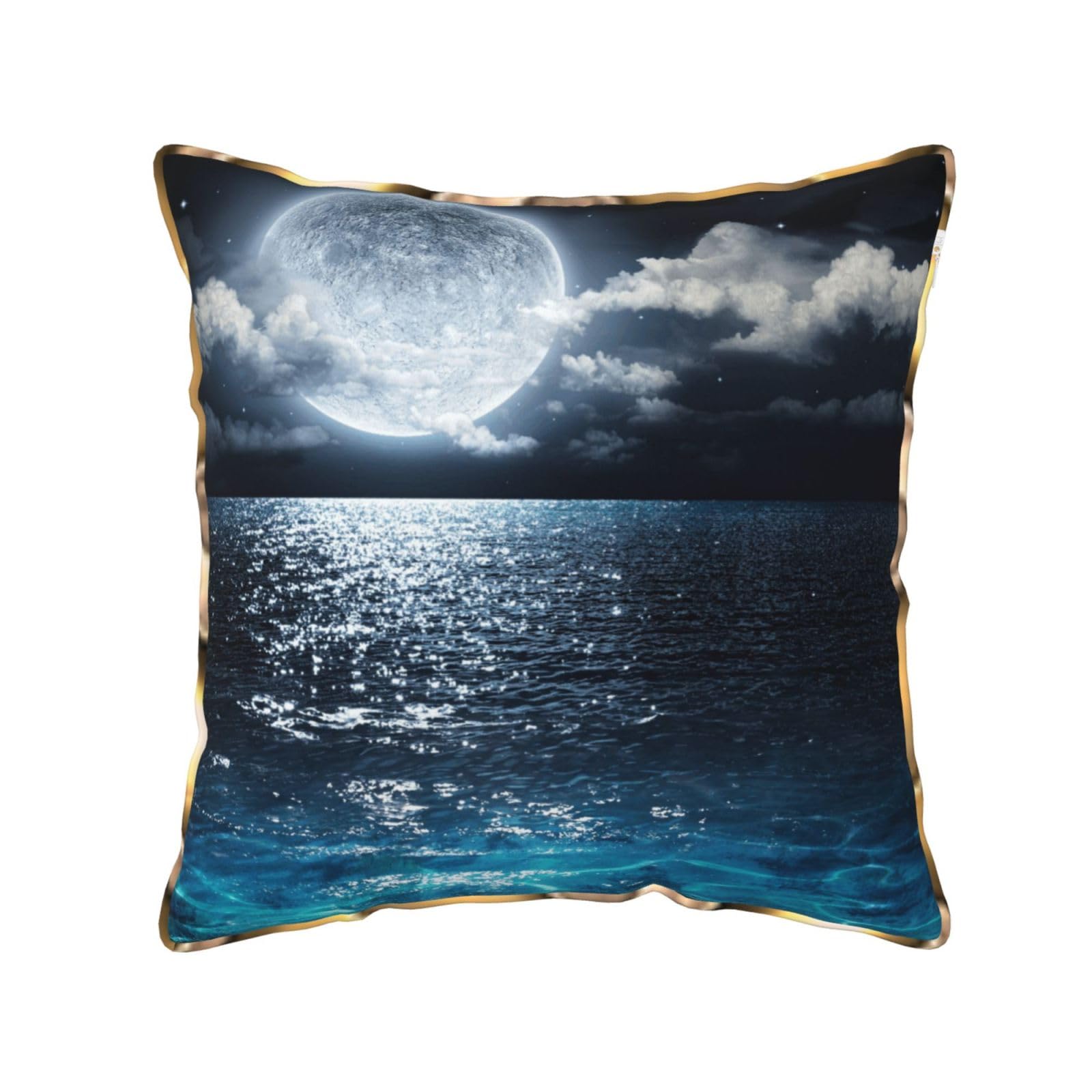 AUBKFELD Moon and Sea Printed Velvet Cushion Cover 45x45 CM with Gold Edging Strip, Square Pillowcase Soft Throw Pillow Covers Case Decorative for Living Room Sofa Couch Bed Bench