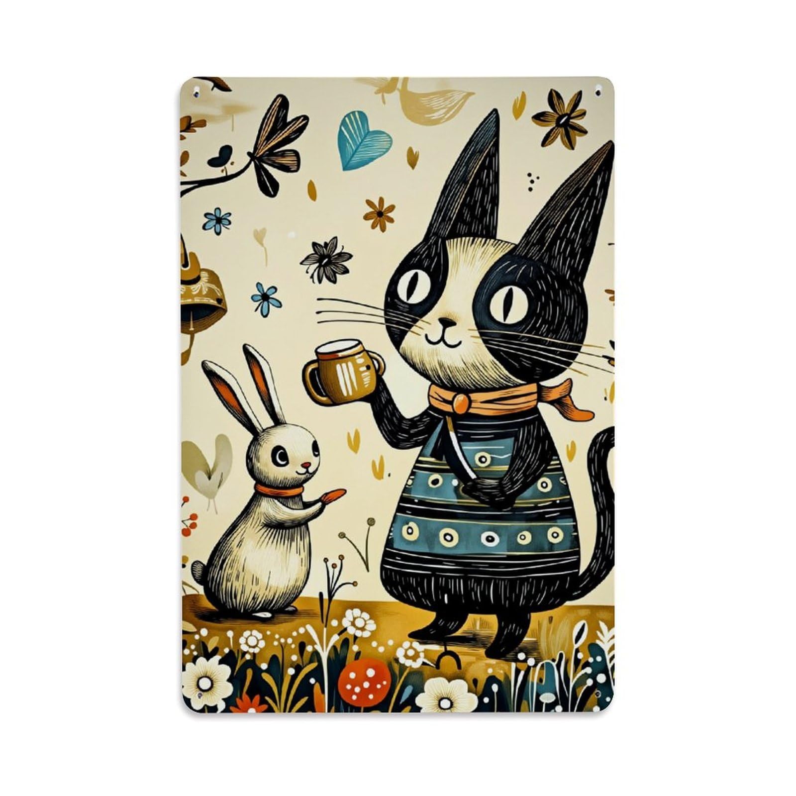 Cat Rabbit Tea Cup Flowers Retro Metal Tin Sign, Vintage Decor Art Poster for Bar, Home, Man Cave, Kitchen, Laundry Room Gift 8x12Inch