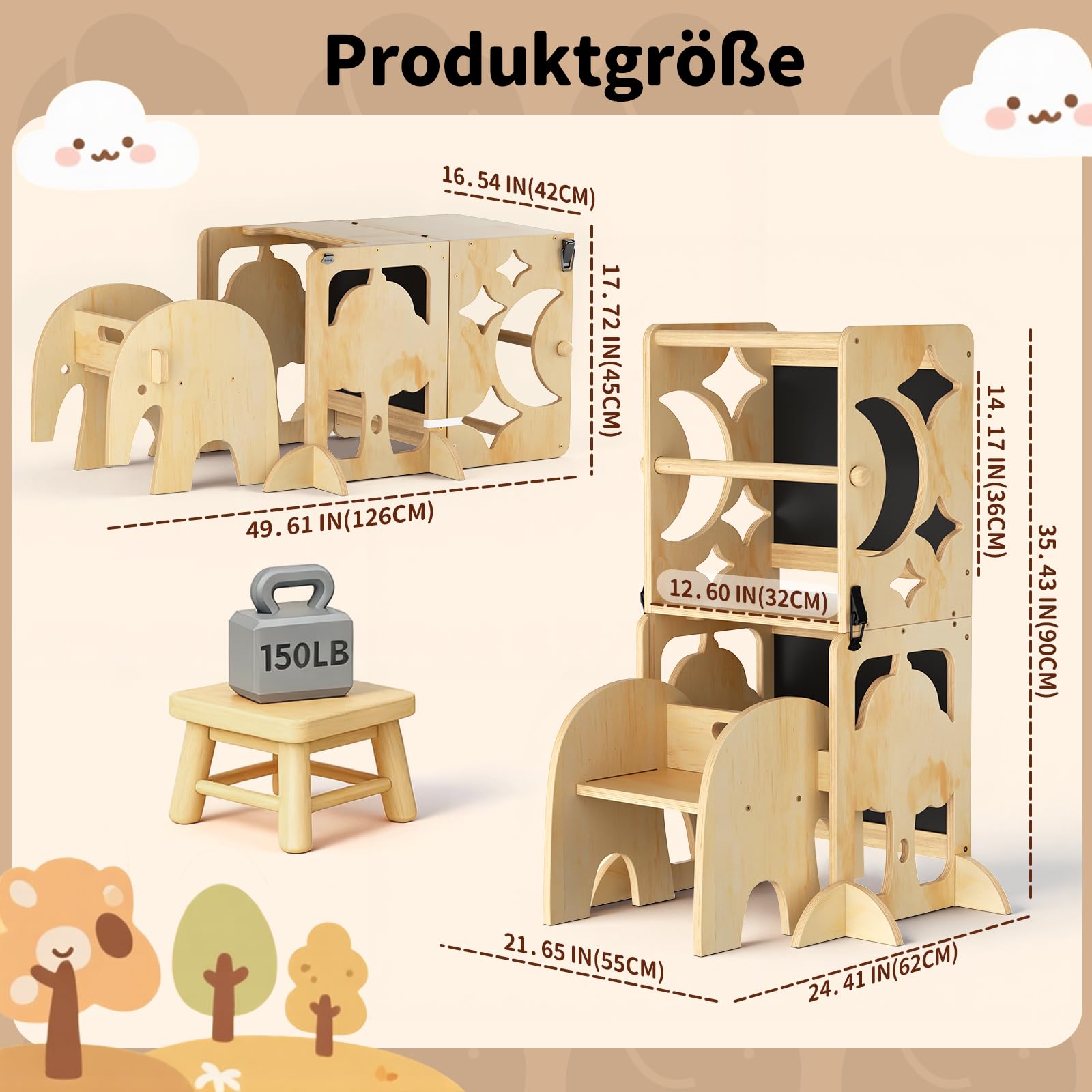 COSYLAND Lernturm ab 1 Jahr, klappbar – 4in1 Lernturm Kinder mit Doppeltafel, Stehhilfe & Schreibtisch mit Stuhl, Elefanten-Hocker als Tritthocker, Natur