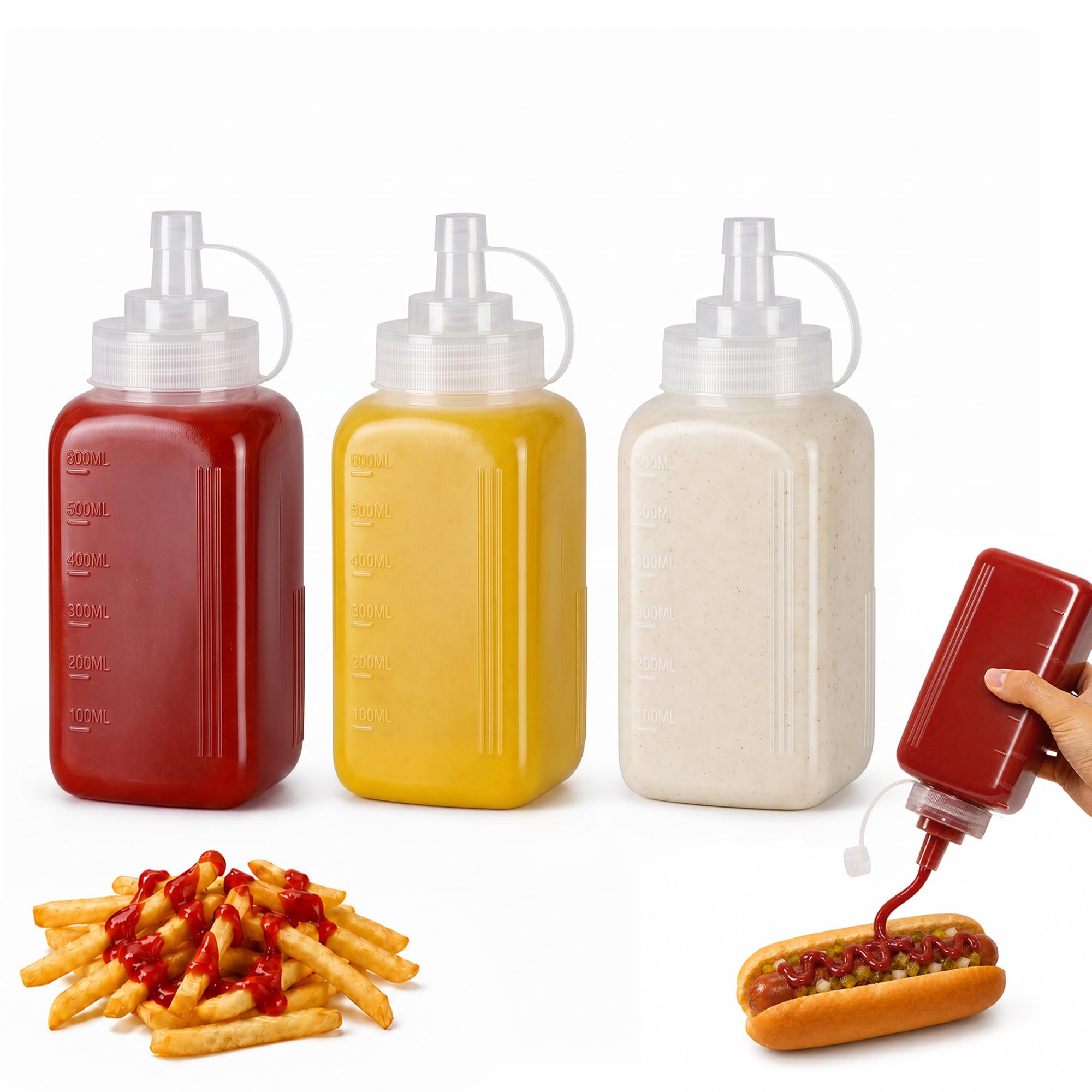 OAMCEG 600ml Square Sauce Squeeze Bottles - 3 Pack BPA-Free Plastic Ketchup & Condiment Bottles with Measurement for Syrup, Dressings, Mayonnaise，Hot Sauce