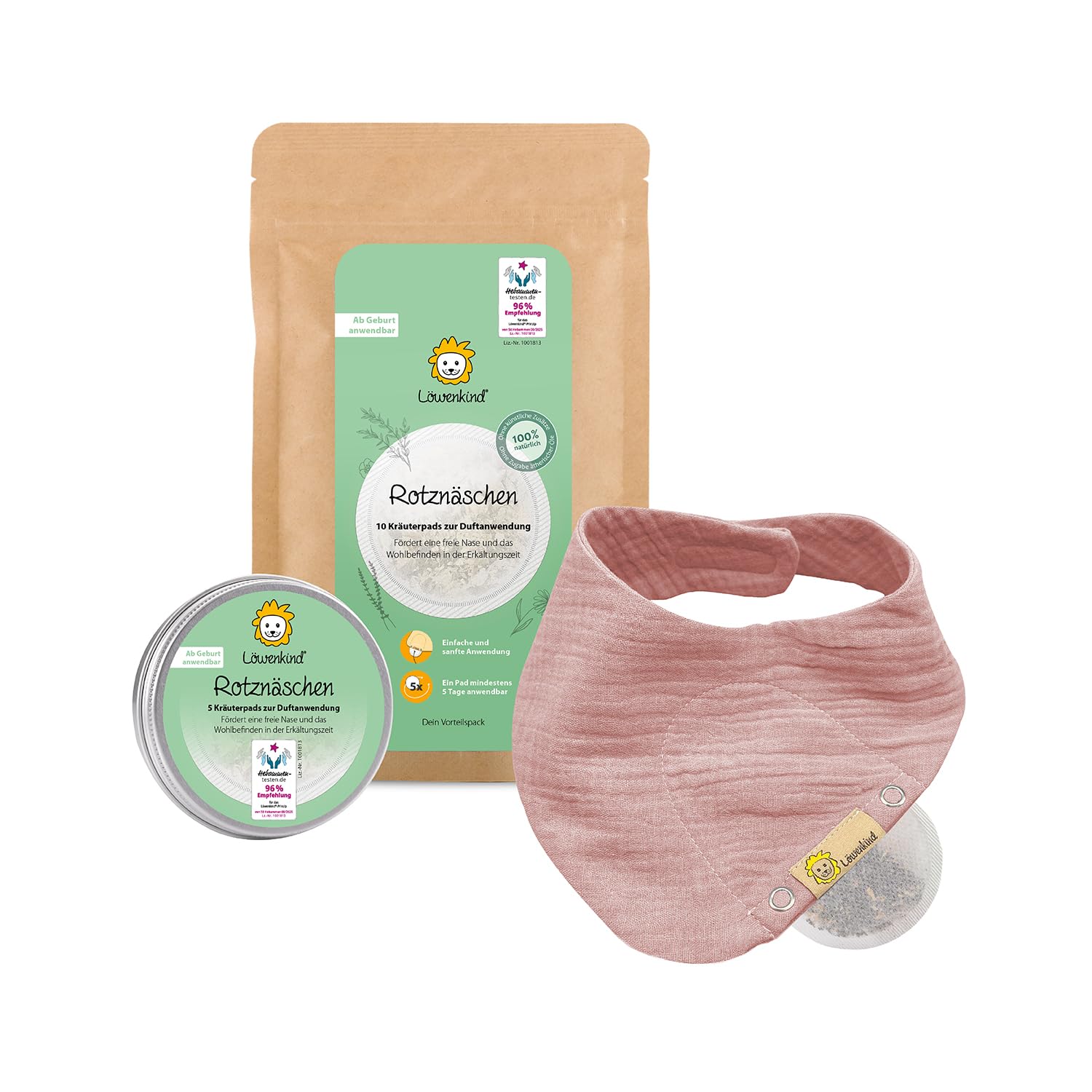 LÖWENKIND Rotznäschen-Set für die Erkältungszeit bei Babys und Kindern | Natürliche Kräuterpads ohne Zusatz ätherischer Öle Ab Geburt anwendbar Von Hebammen empfohlen 75 Tage Anwendung (Altrosa)