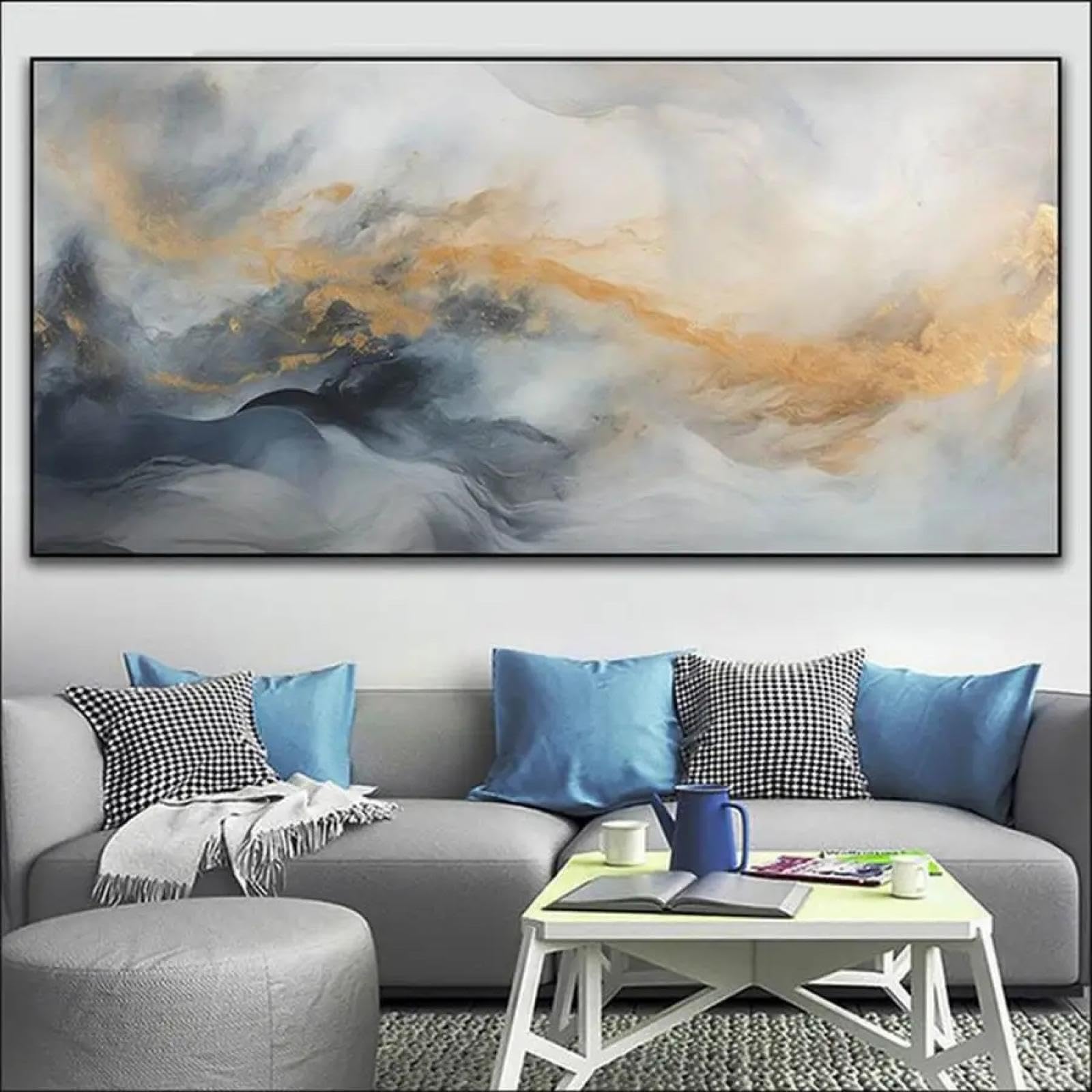 Pósteres de gran tamaño dorados y azules para decoración de sala de estar moderna 6