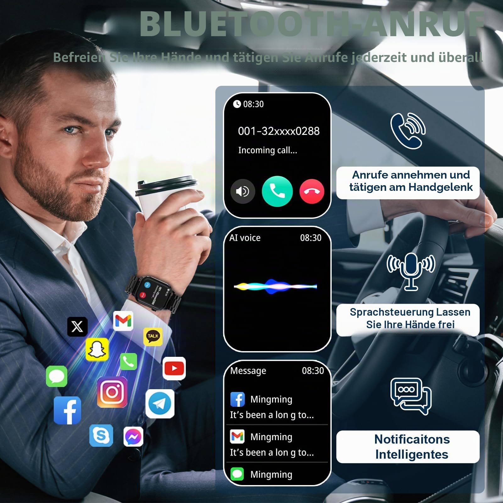 Smartwatch Herren mit 2 verstellbaren Armbändern, Smart Watch-Anrufe und Sprachassistent, Nachrichtenbenachrichtigungen, Business Stil Smart Watch, 100+ Sportmodi, Fitnessuhr Herren Schwarz