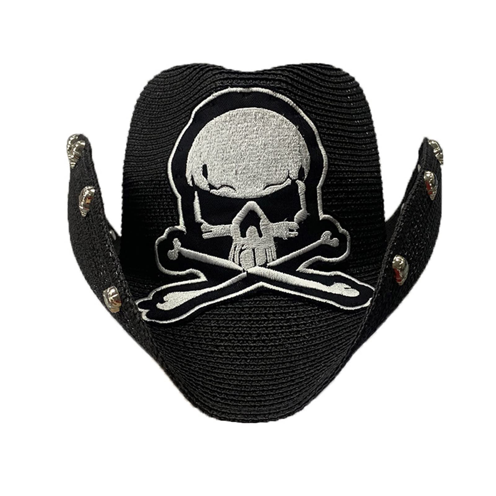 WYLZLKX Punk Style Cowboy Straw Weaving Hat for Men Western Cowboy Hat with Embroidery Skull Model Cowboy Sunproof Hat
