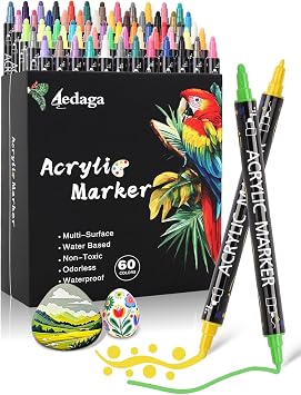 AEDAGA 60 Colors Acrylic Paint Pens,Acrylic Paint Markers Dual Tip with Fine Tip and Dot Tip,Dot Maker for Kids Adults, Glass, Stone, Wood, Canvas, Paper, Pottery