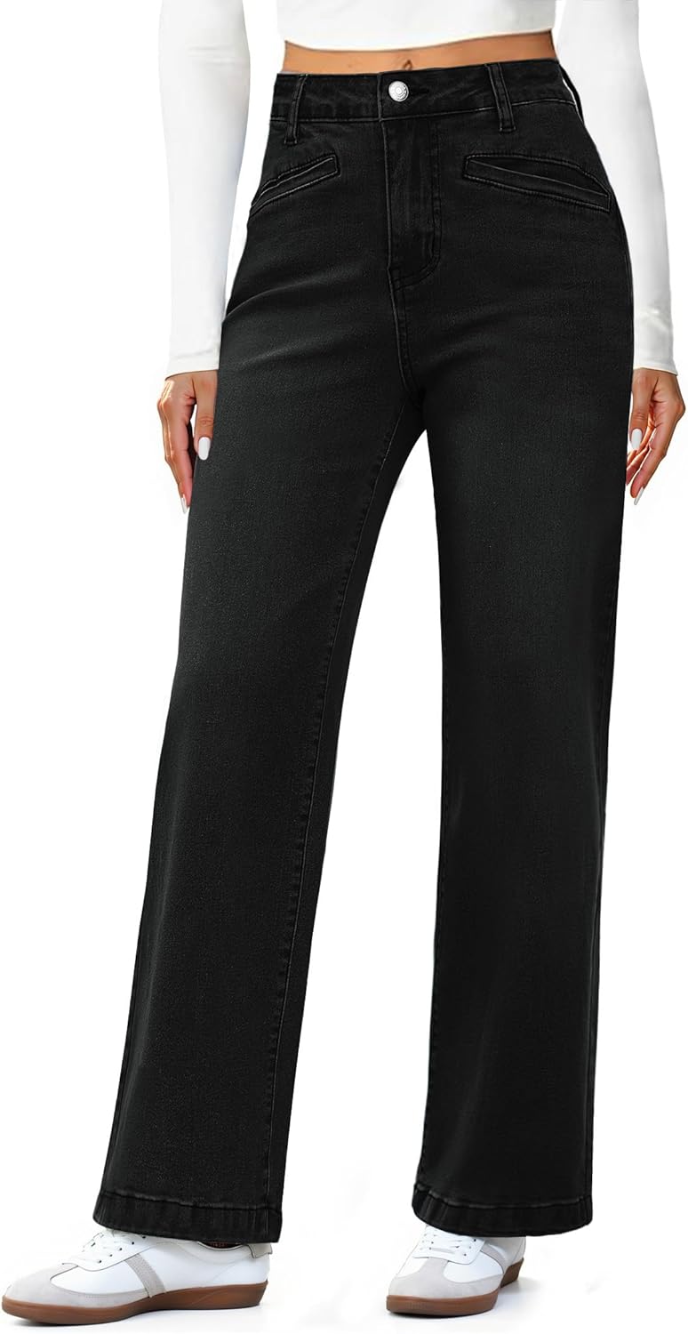 luvamia Wide Leg Jeans for Women Trendy High Waisted Welt Pockets Stretchy Denim Jeans Work Casual Trousers Pants
