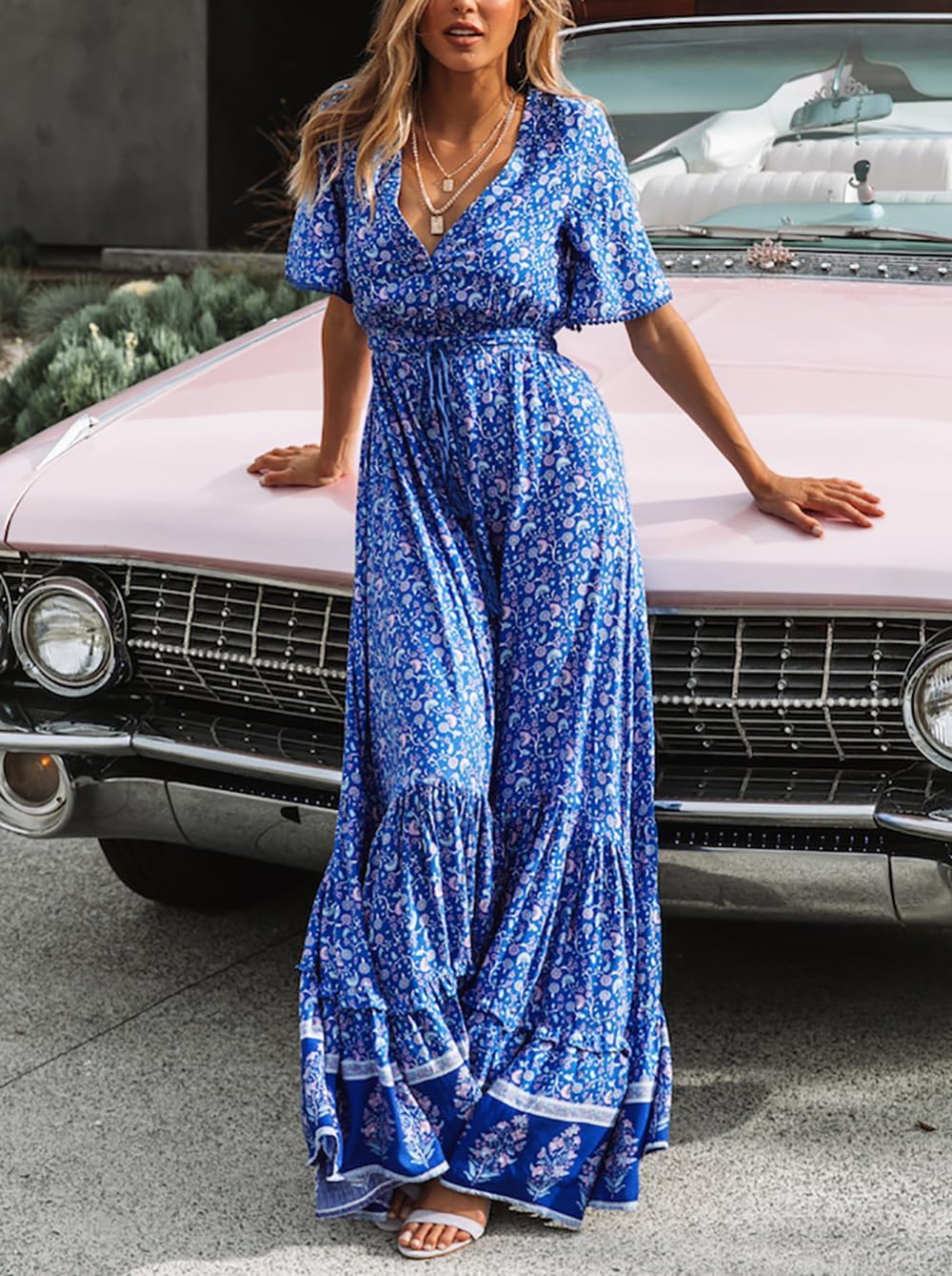 R.Vivimos Womens Summer Cotton Short Sleeve V Neck Floral Print Casual Bohemian Midi Dresses - Image 6