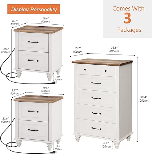 Miniatura 3 de WAMPAT Juego de tocador y mesita de noche de 3 piezas, cómoda blanca y cómoda con 5 cajones, juego moderno de mediados de siglo de 2 mesas